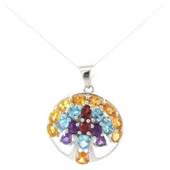 Modernist Multi Gemstone Tree of Life Circle Pendant Necklace for Her in Silver