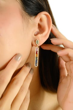 Modernist Multi Sapphire Baguette Cut Diamond Halo Bar Drop Earrings in 14k Gold
