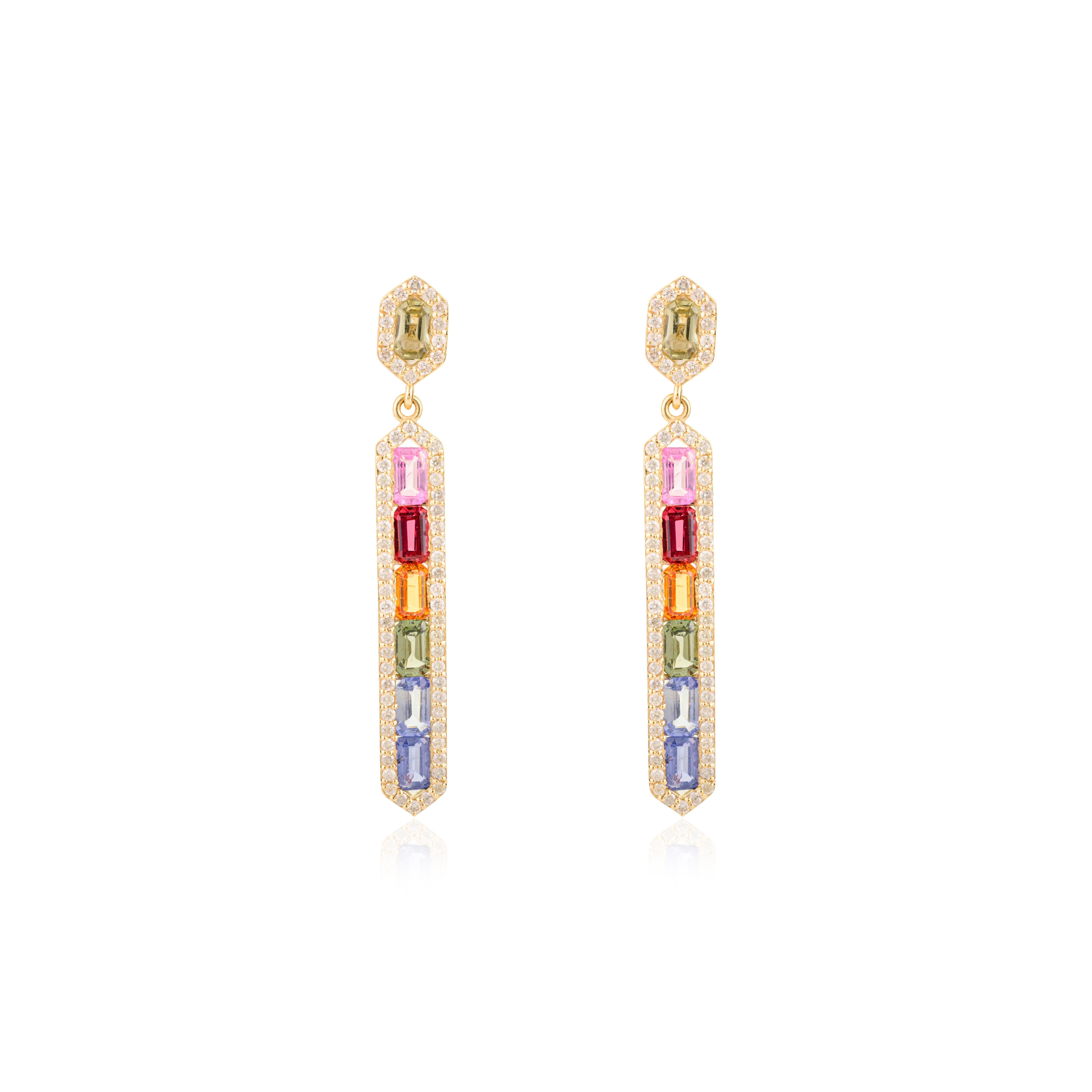 Art Déco Modernist Multi Sapphire Baguette Cut Diamond Halo Bar Drop Earrings in 14k Gold in vendita