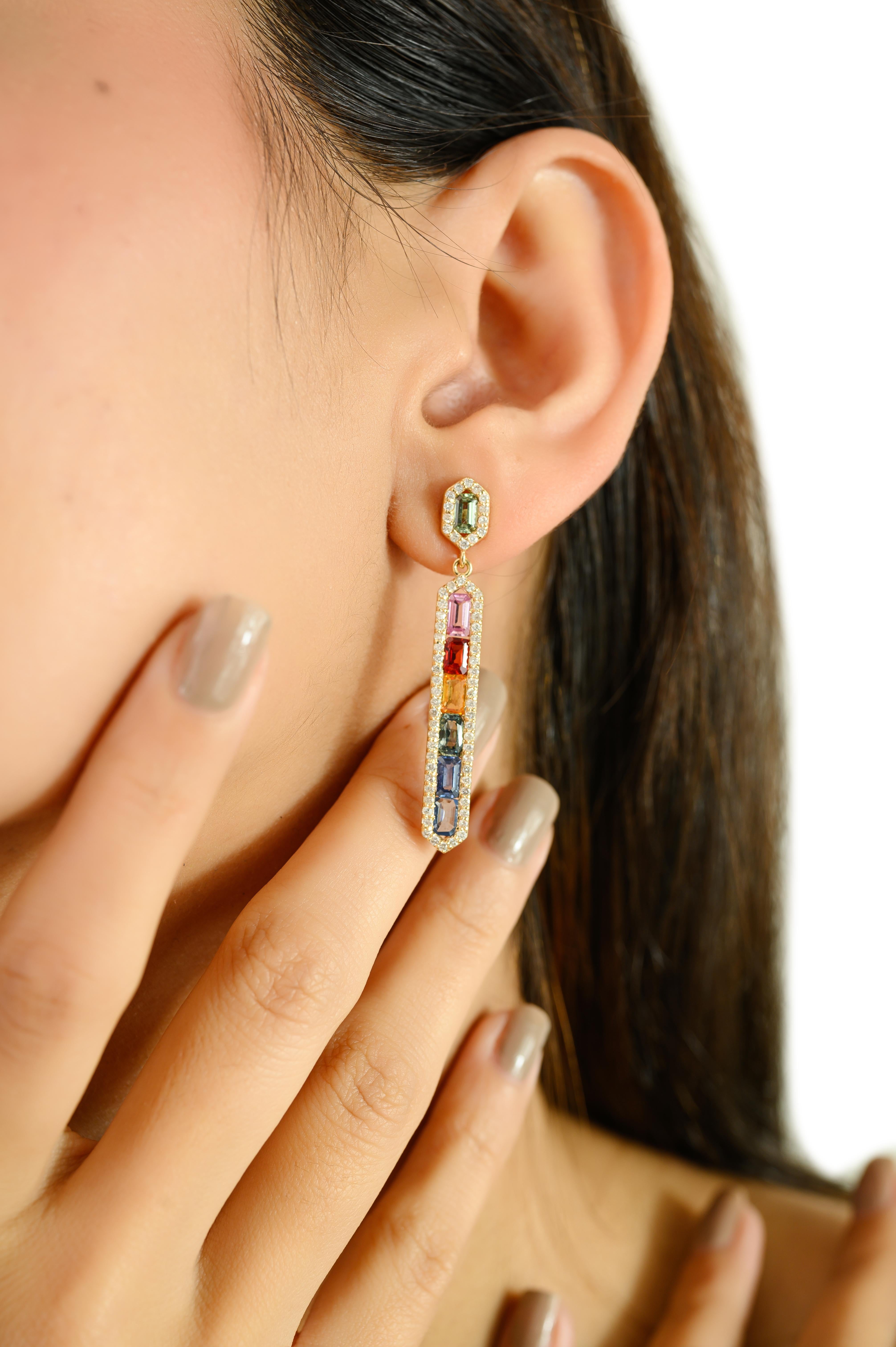 Taglio baguette Modernist Multi Sapphire Baguette Cut Diamond Halo Bar Drop Earrings in 14k Gold in vendita