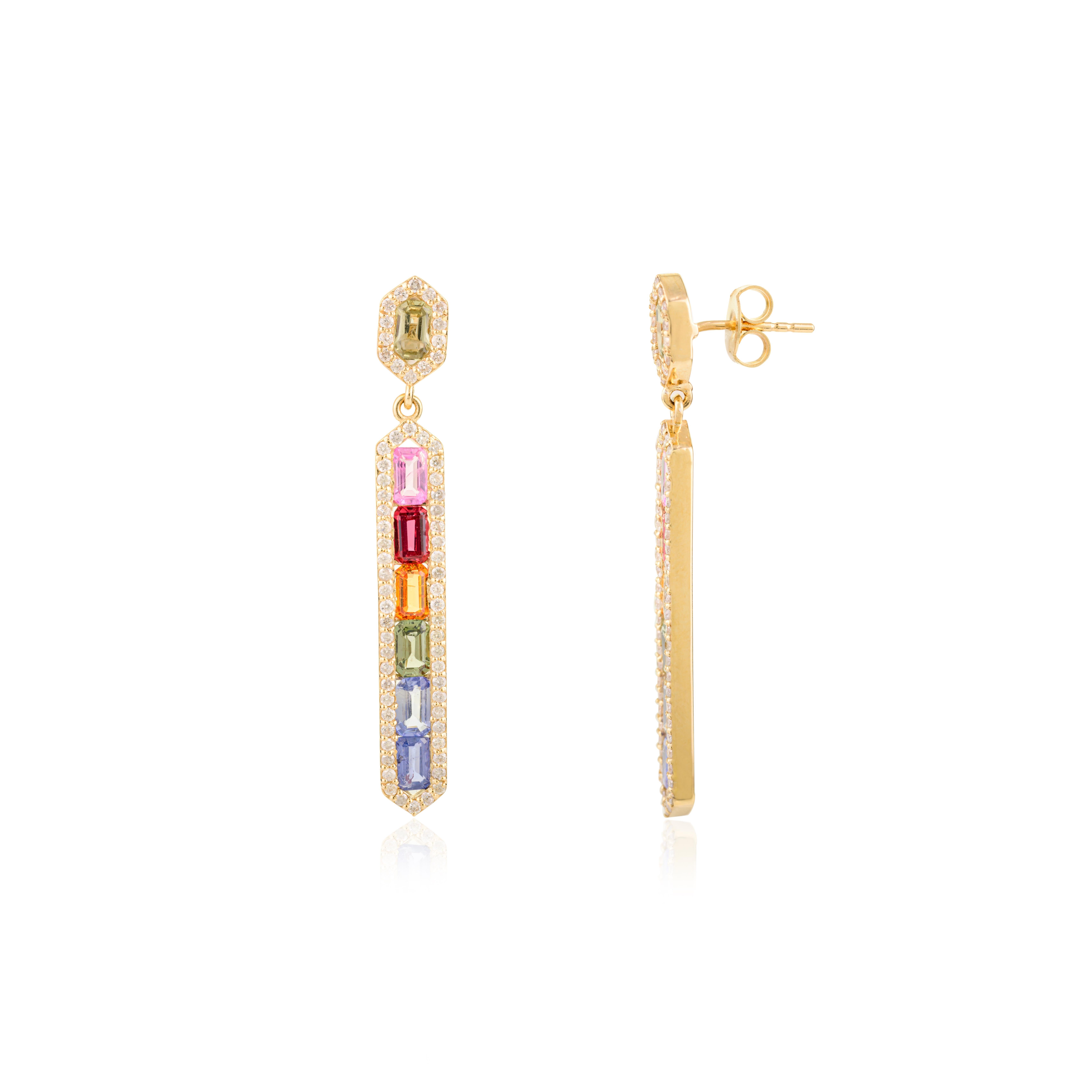 Modernist Multi Sapphire Baguette Cut Diamond Halo Bar Drop Earrings in 14k Gold In condizioni Nuovo in vendita a New York, NY