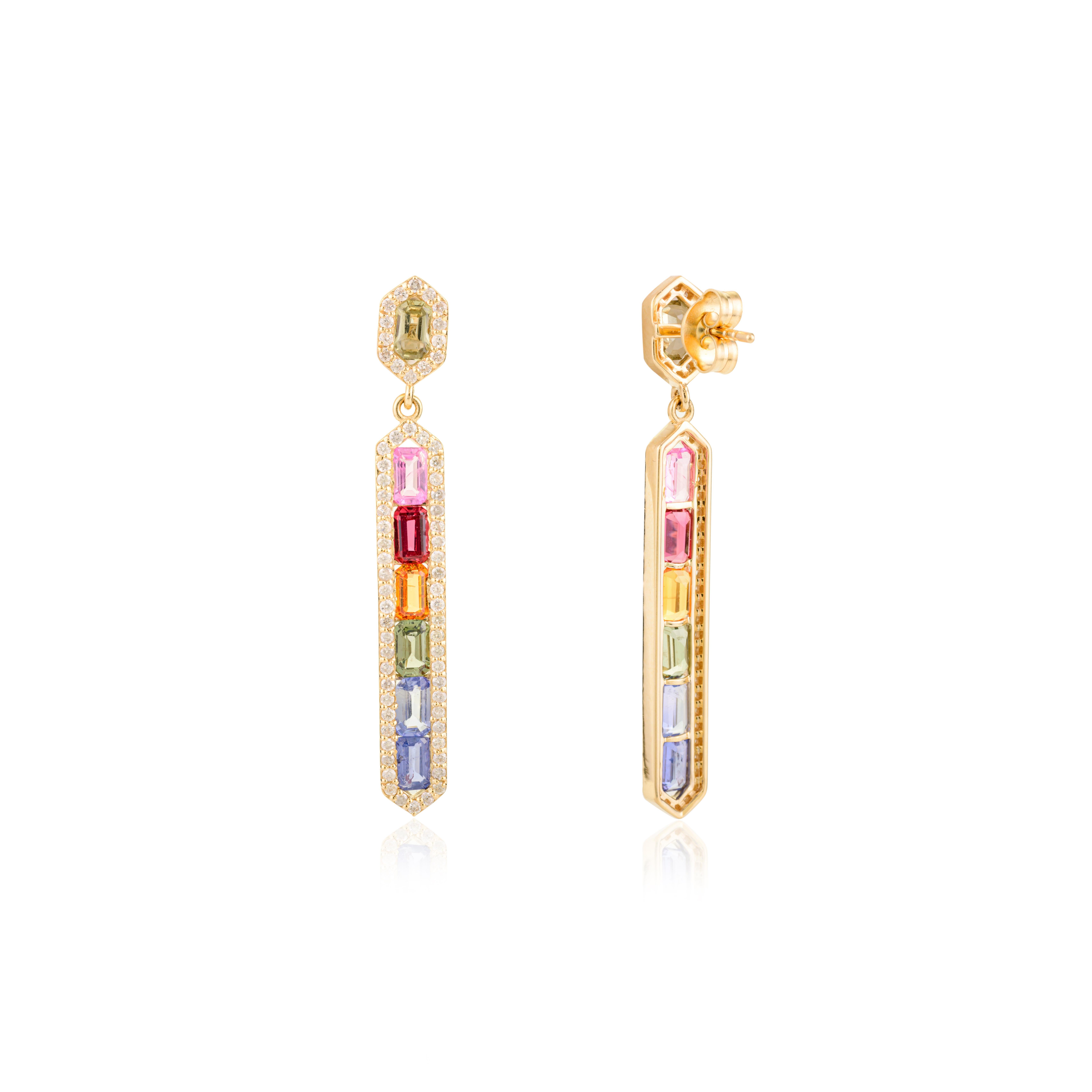 Modernist Multi Sapphire Baguette Cut Diamond Halo Bar Drop Earrings in 14k Gold in vendita 1