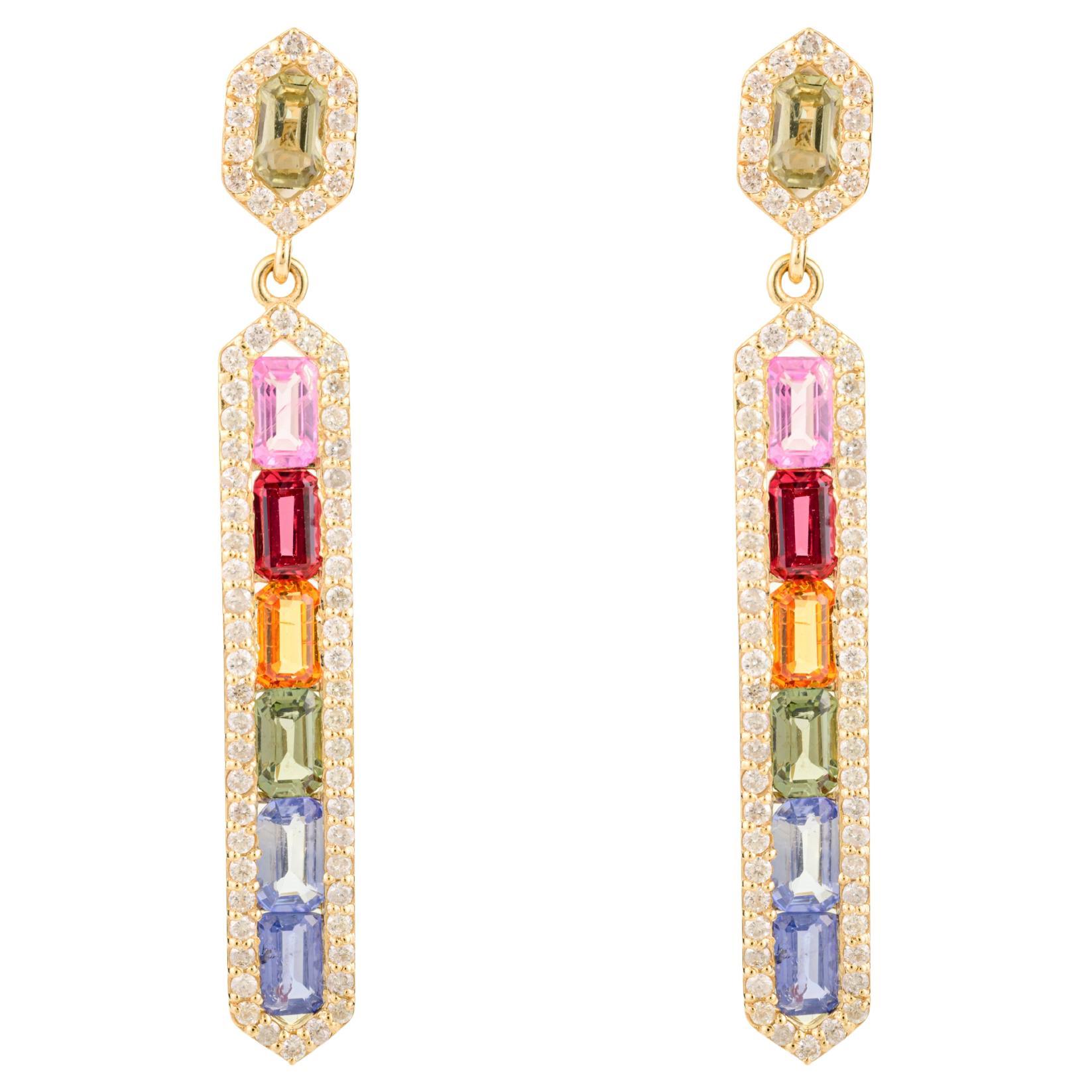 Modernist Multi Sapphire Baguette Cut Diamond Halo Bar Drop Earrings in 14k Gold