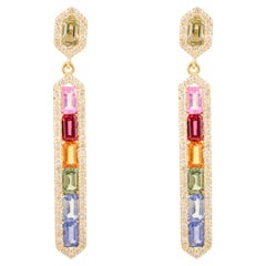 Modernist Multi Sapphire Baguette Cut Diamond Halo Bar Drop Earrings in 14k Gold
