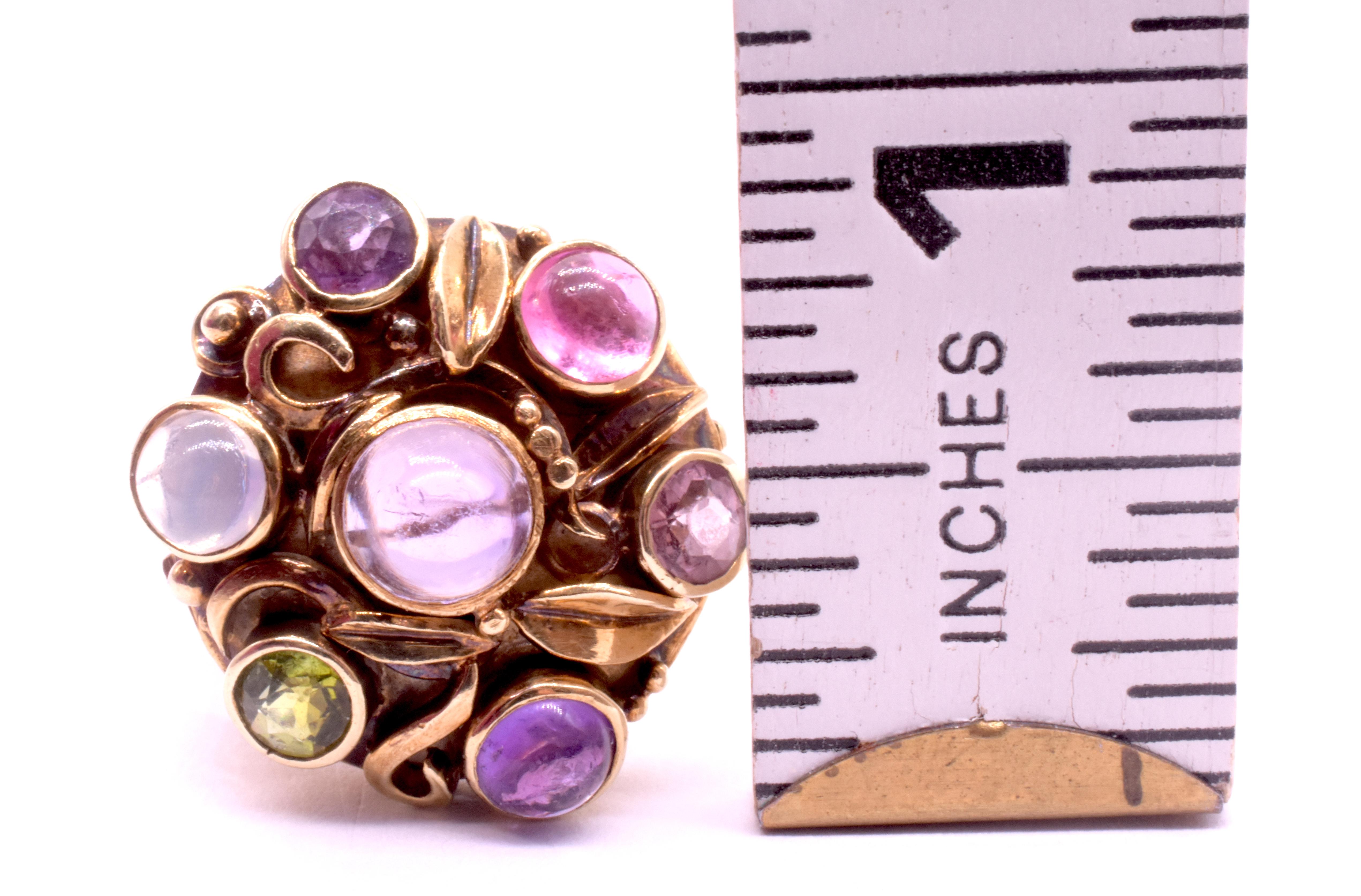 Modernist Multi-Stone Ring of Amethyst Peridot Tourmaline & Moonstone For Sale 6