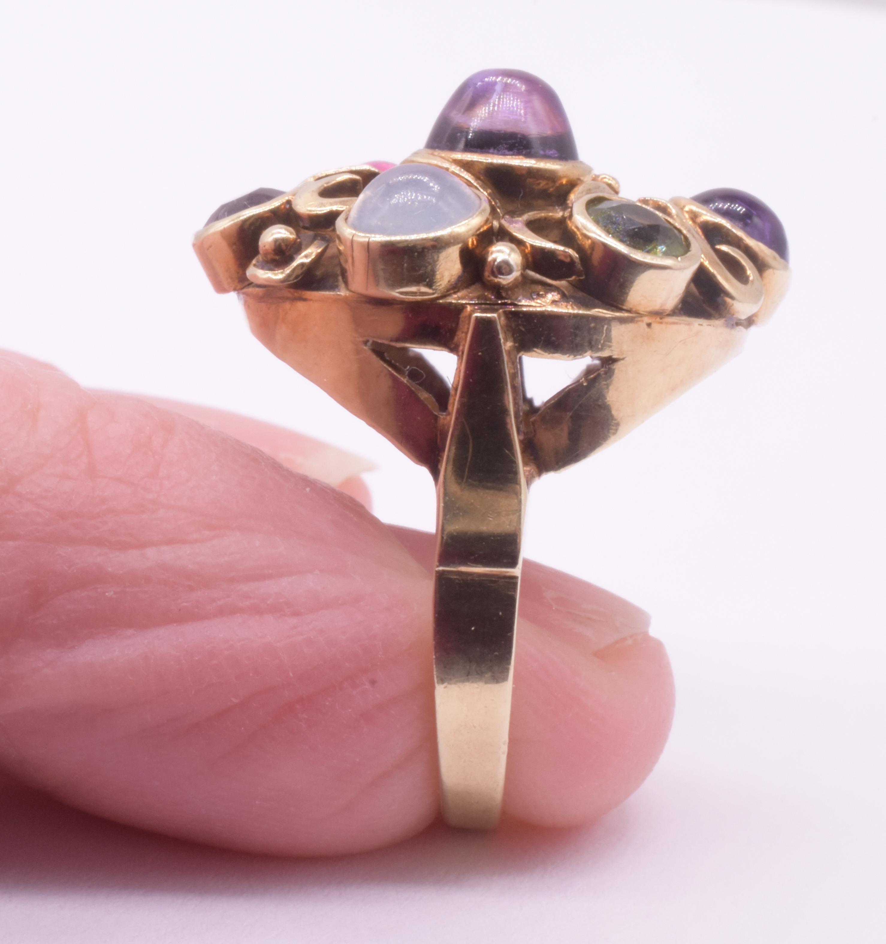 Modernist Multi-Stone Ring of Amethyst Peridot Tourmaline & Moonstone For Sale 7