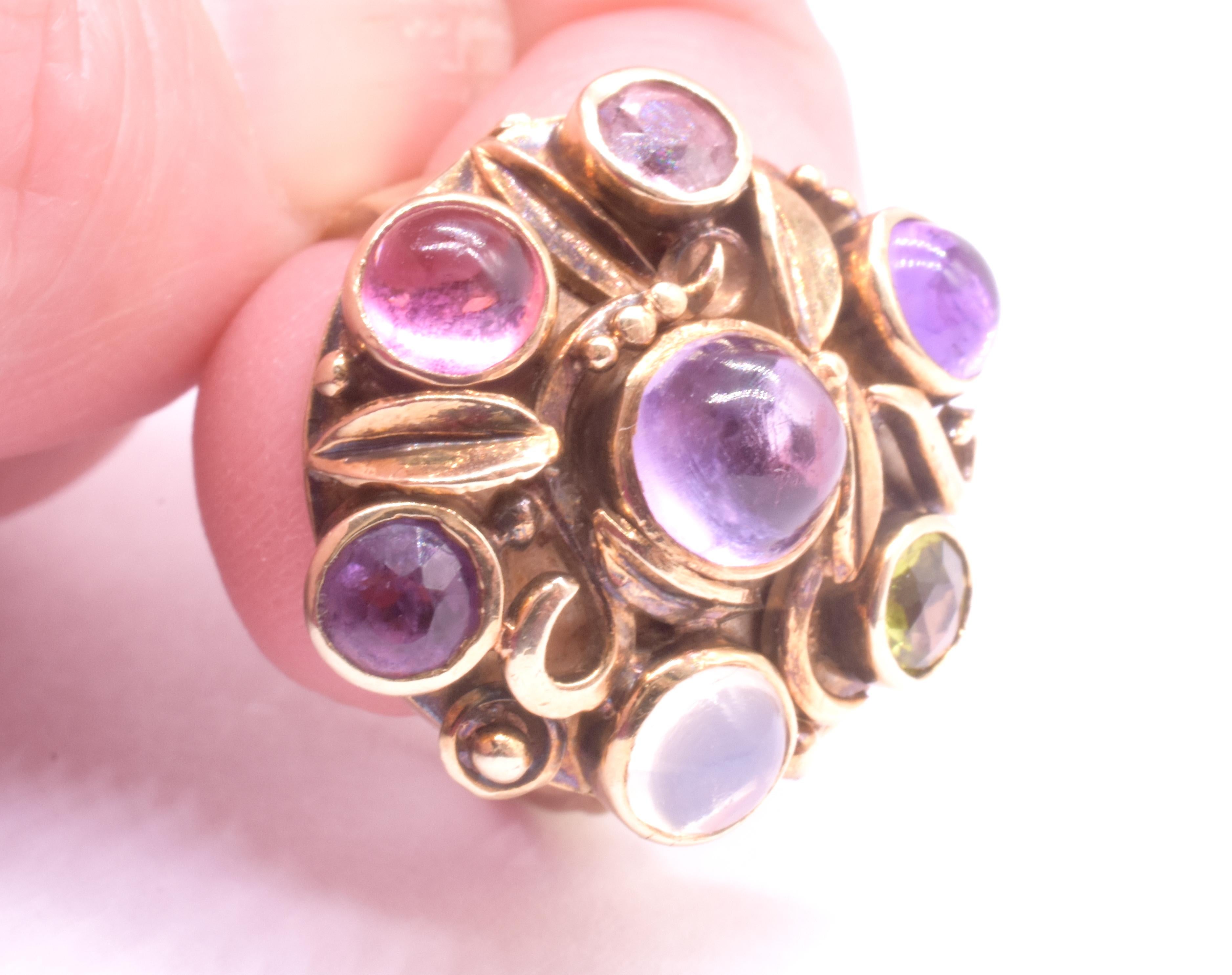 Modernist Multi-Stone Ring of Amethyst Peridot Tourmaline & Moonstone For Sale 8