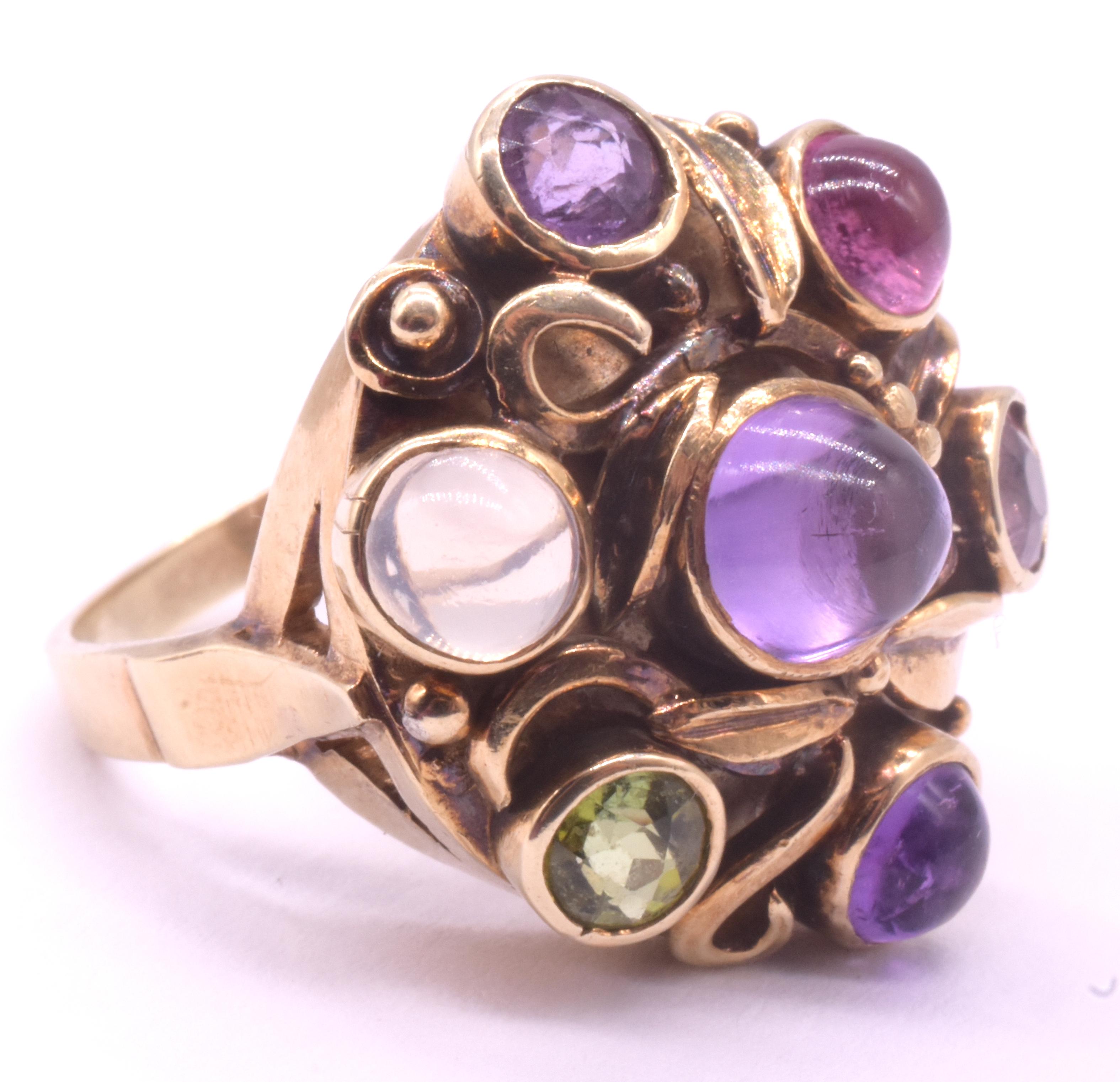 Modernist Multi-Stone Ring of Amethyst Peridot Tourmaline & Moonstone For Sale 9