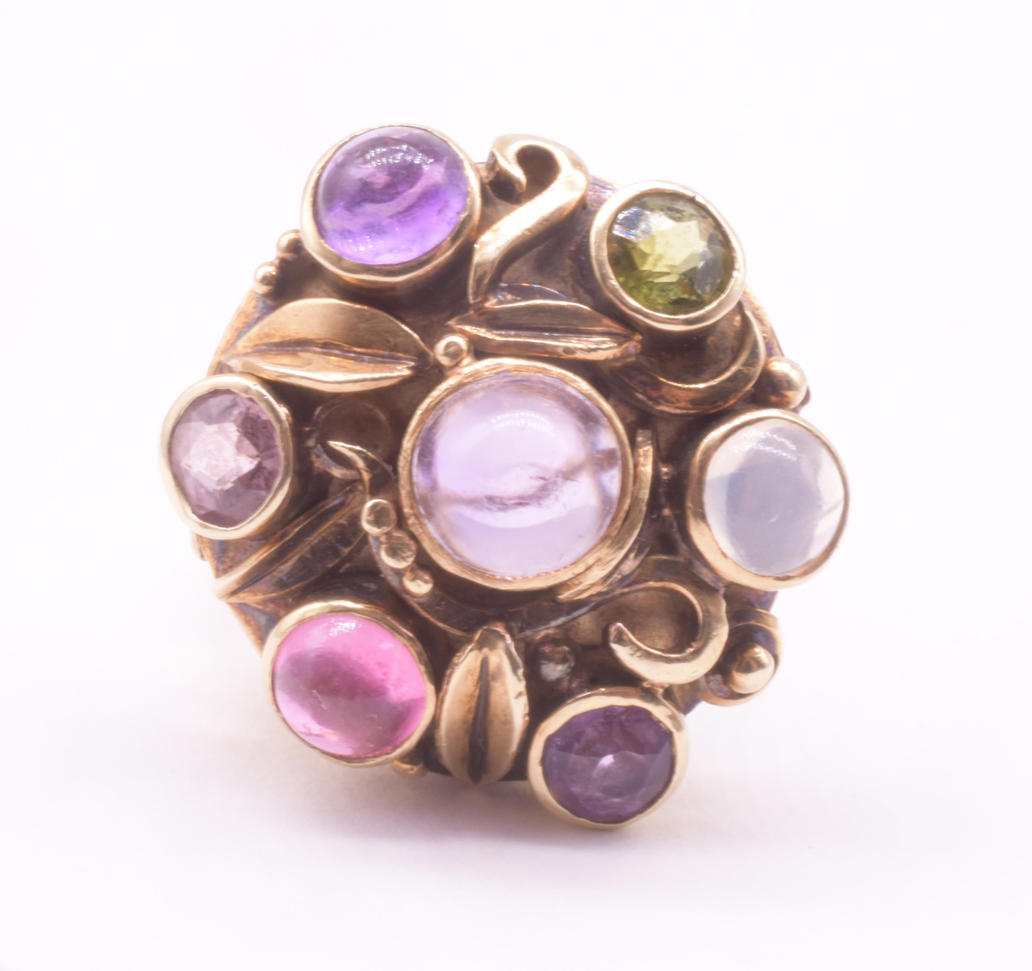 Arts and Crafts Multi-Stone Ring of Amethyst Peridot Tourmaline & Moonstone For Sale 10