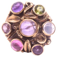 Arts and Crafts Multi-Stone Ring of Amethyst Peridot Tourmaline & Moonstone
