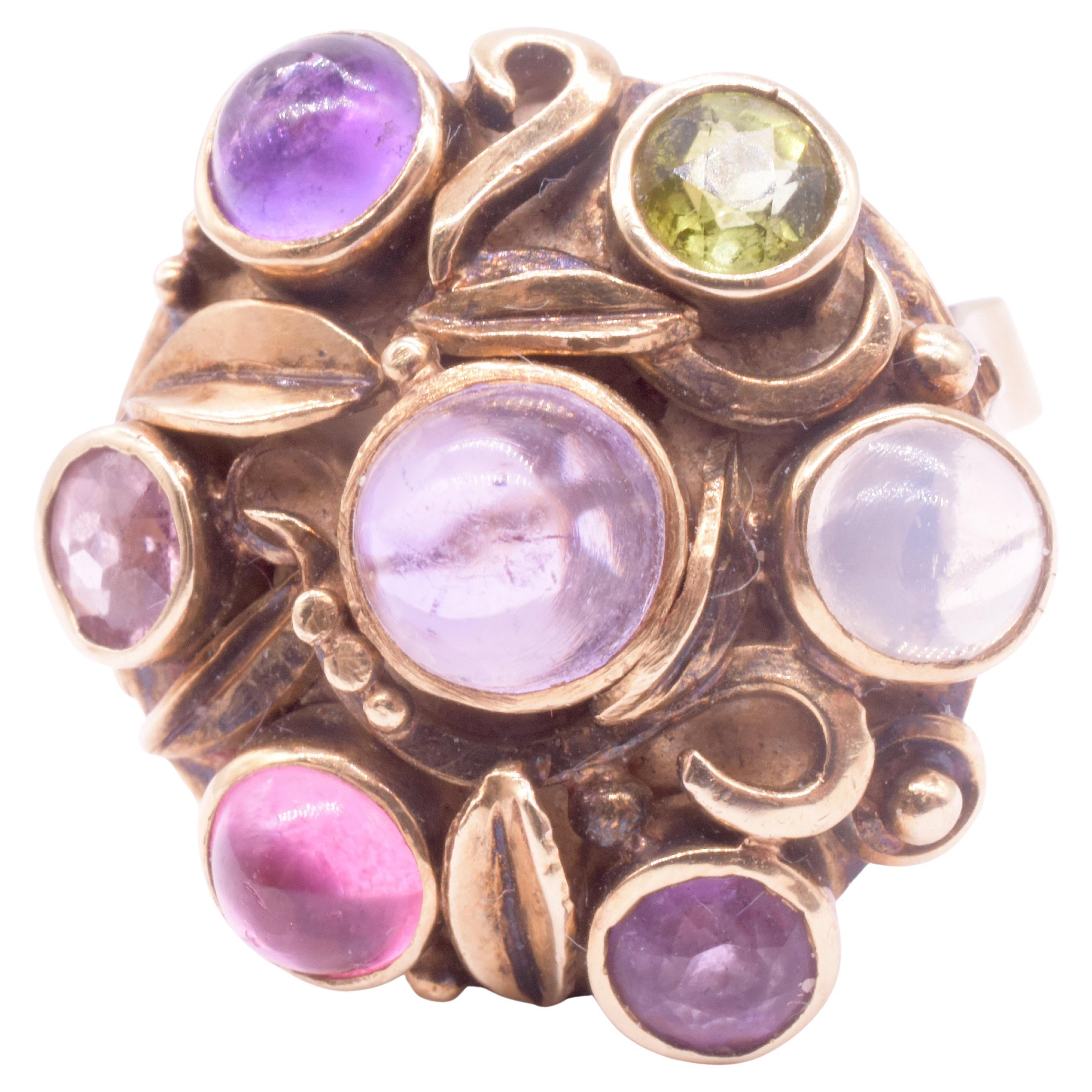 Cabochon Modernist Multi-Stone Ring of Amethyst Peridot Tourmaline & Moonstone For Sale