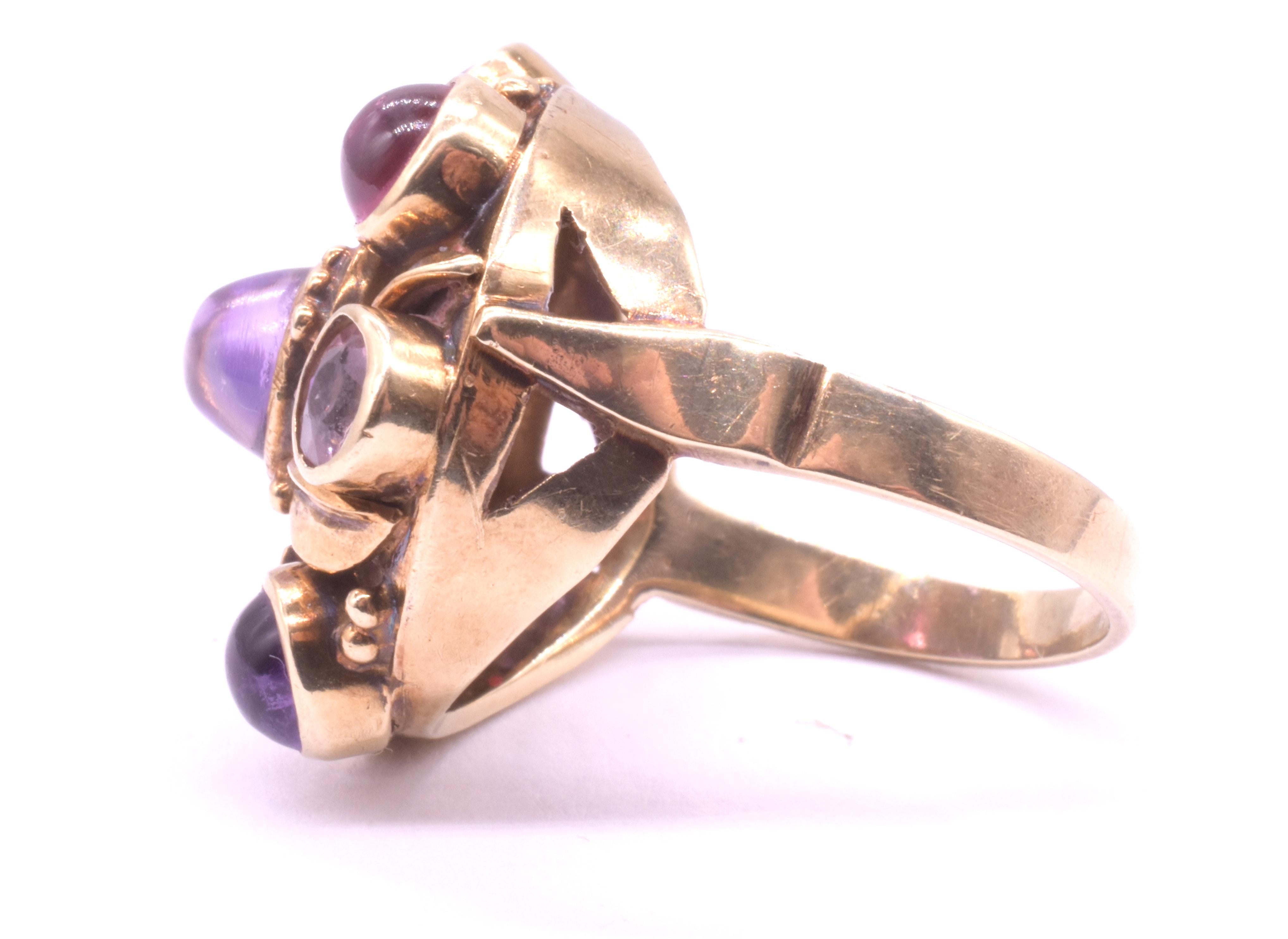 Modernist Multi-Stone Ring of Amethyst Peridot Tourmaline & Moonstone In Good Condition For Sale In Baltimore, MD