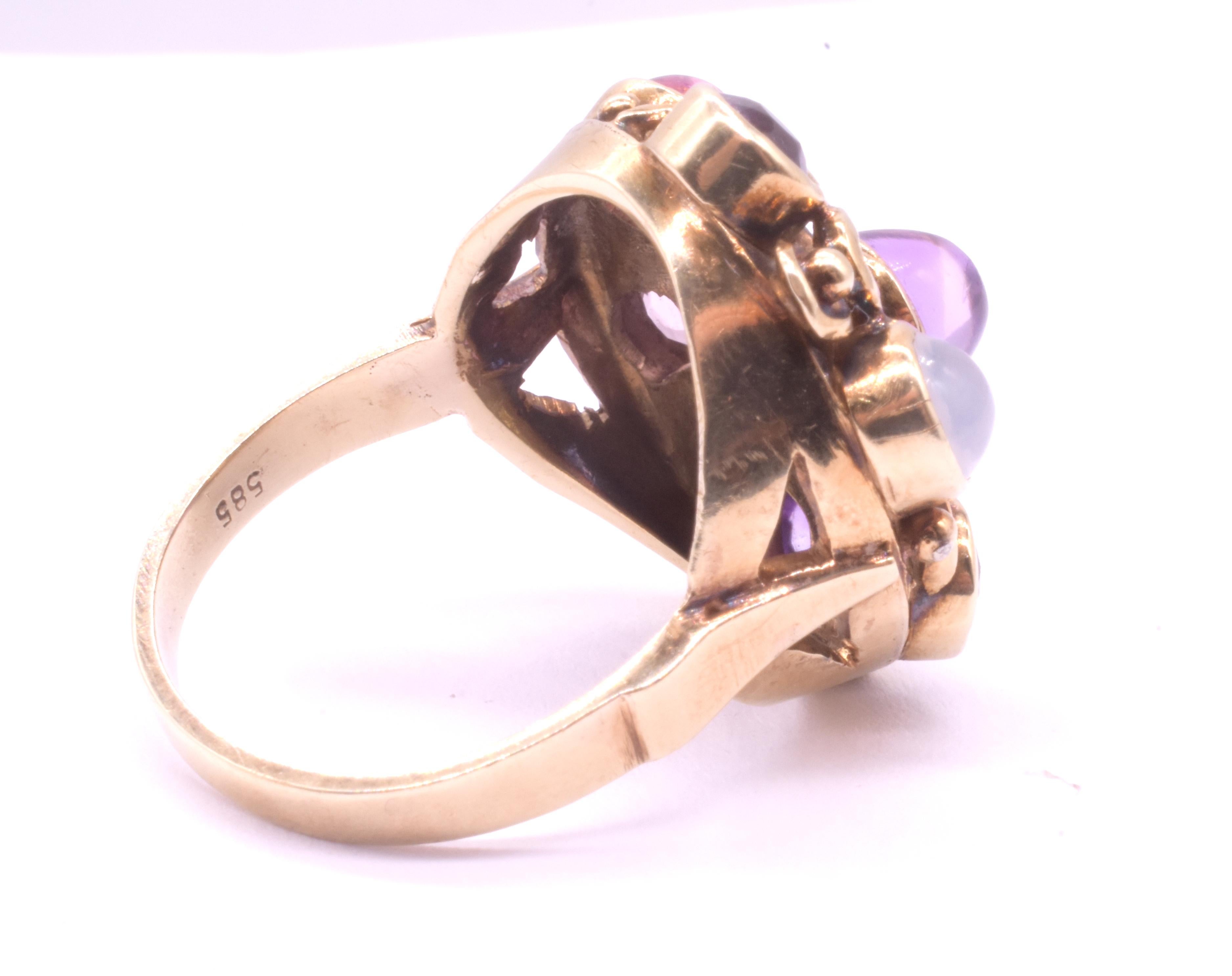 Women's or Men's Modernist Multi-Stone Ring of Amethyst Peridot Tourmaline & Moonstone For Sale