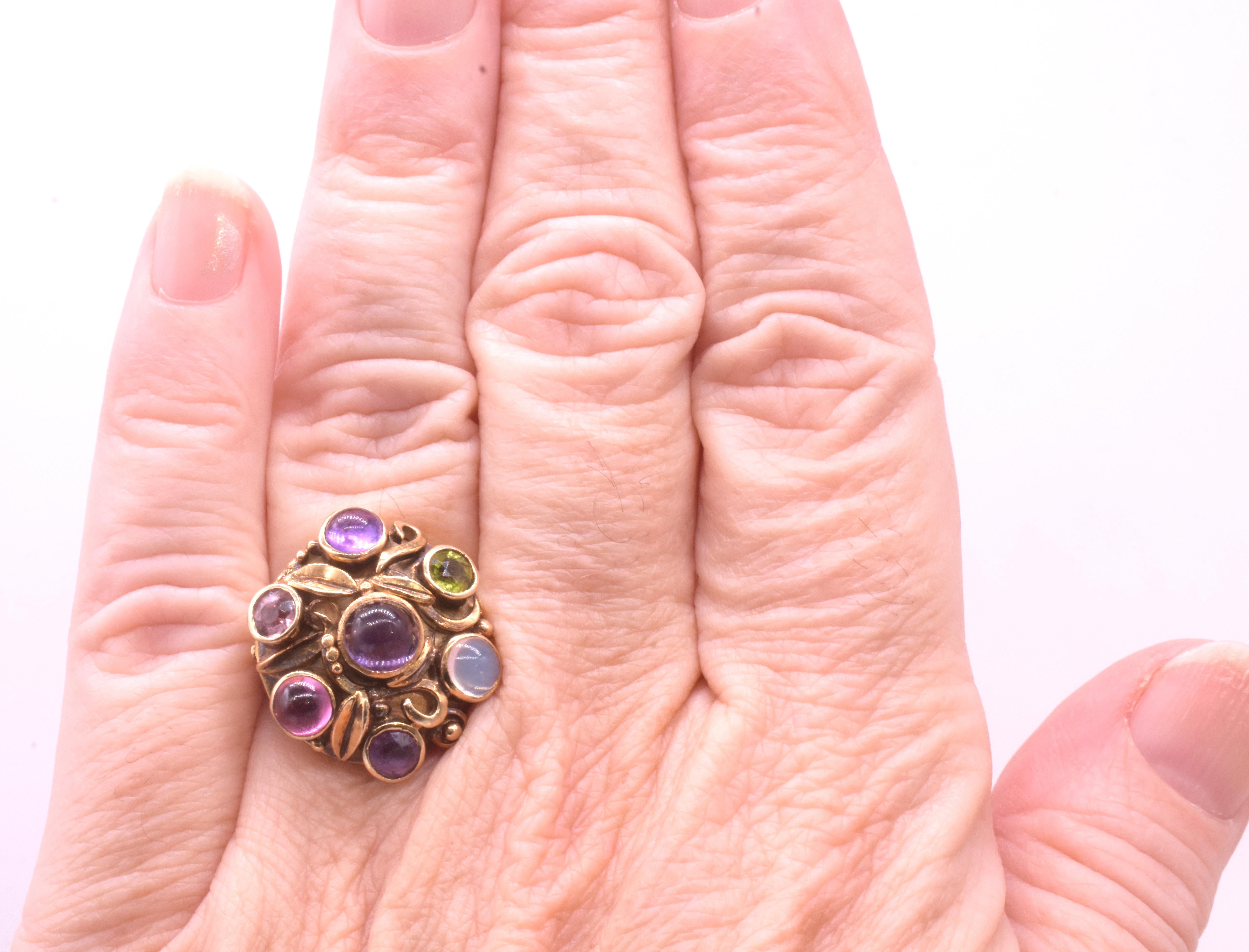 Modernist Multi-Stone Ring of Amethyst Peridot Tourmaline & Moonstone For Sale 1