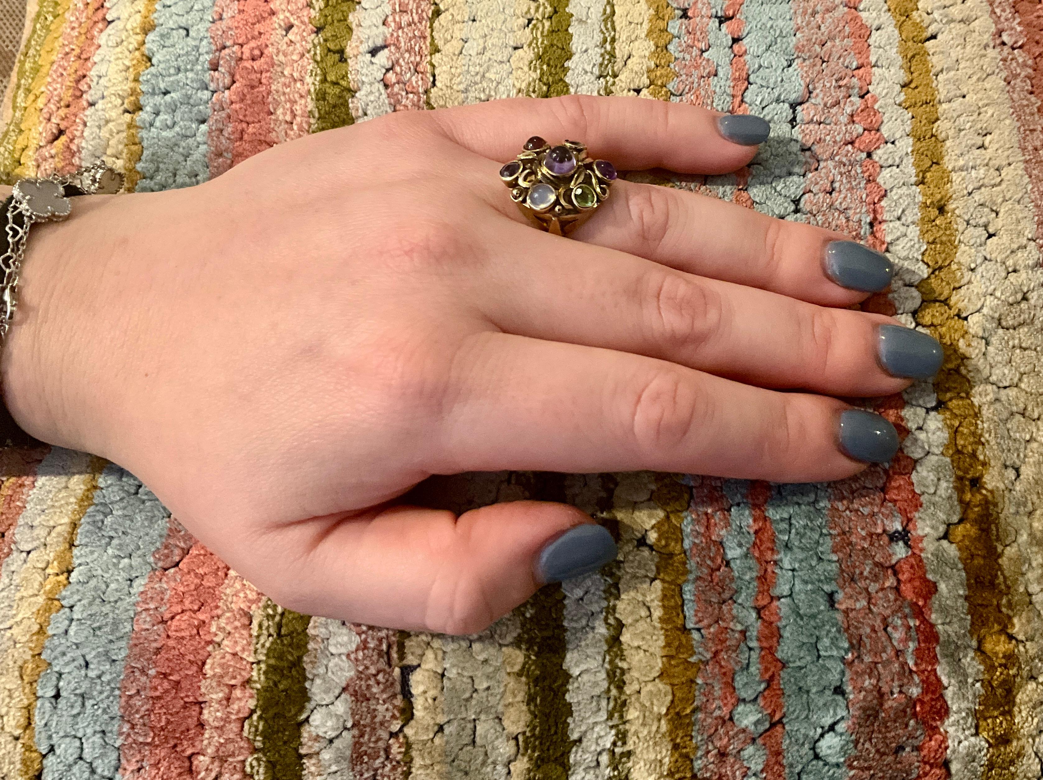 Modernist Multi-Stone Ring of Amethyst Peridot Tourmaline & Moonstone For Sale 2