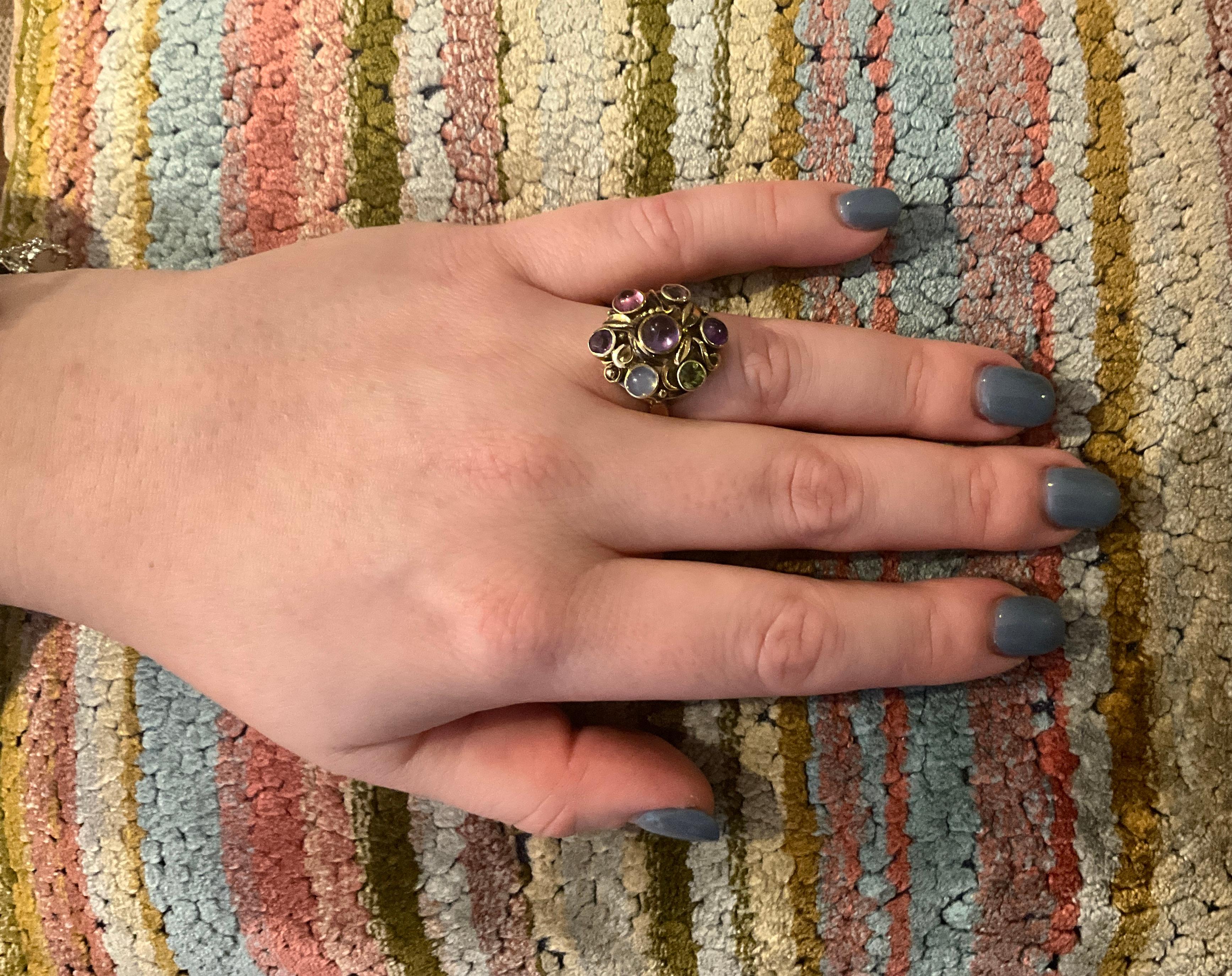 Modernist Multi-Stone Ring of Amethyst Peridot Tourmaline & Moonstone For Sale 3