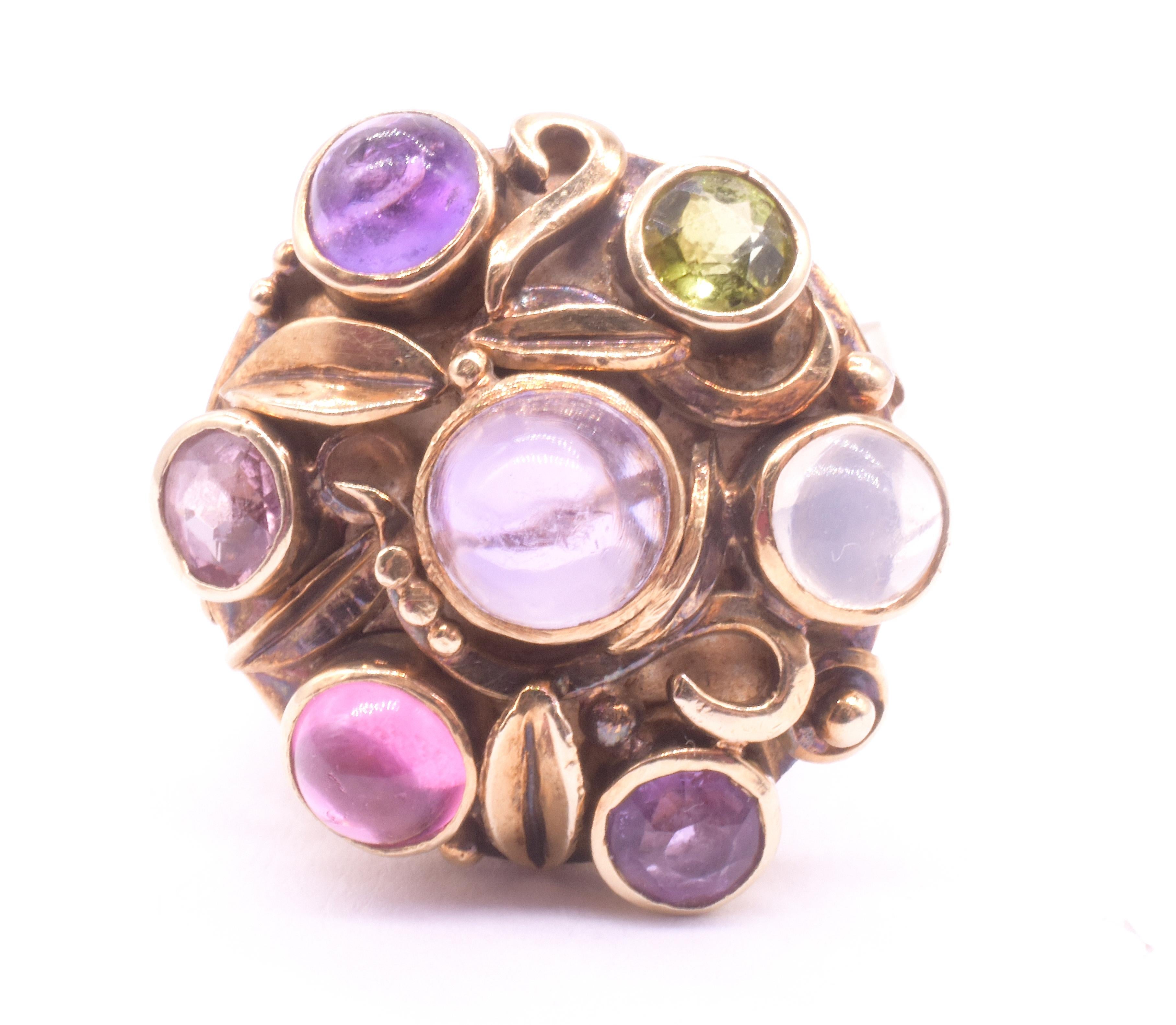 Modernist Multi-Stone Ring of Amethyst Peridot Tourmaline & Moonstone For Sale 4