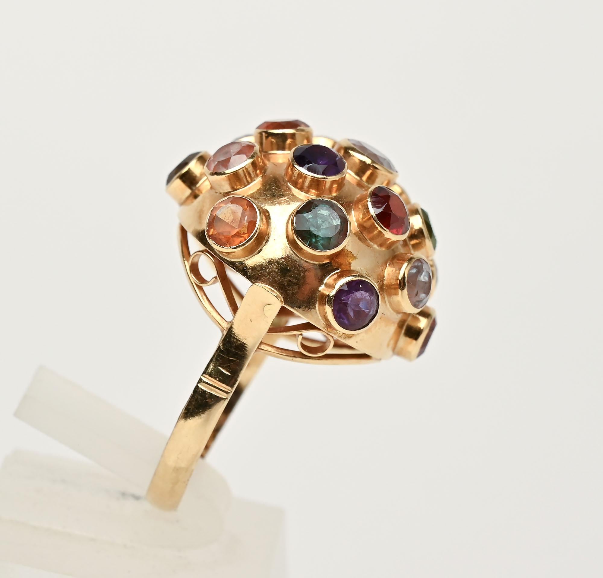 Hexagon Cut Modernist Multigem Gold Sputnik Ring