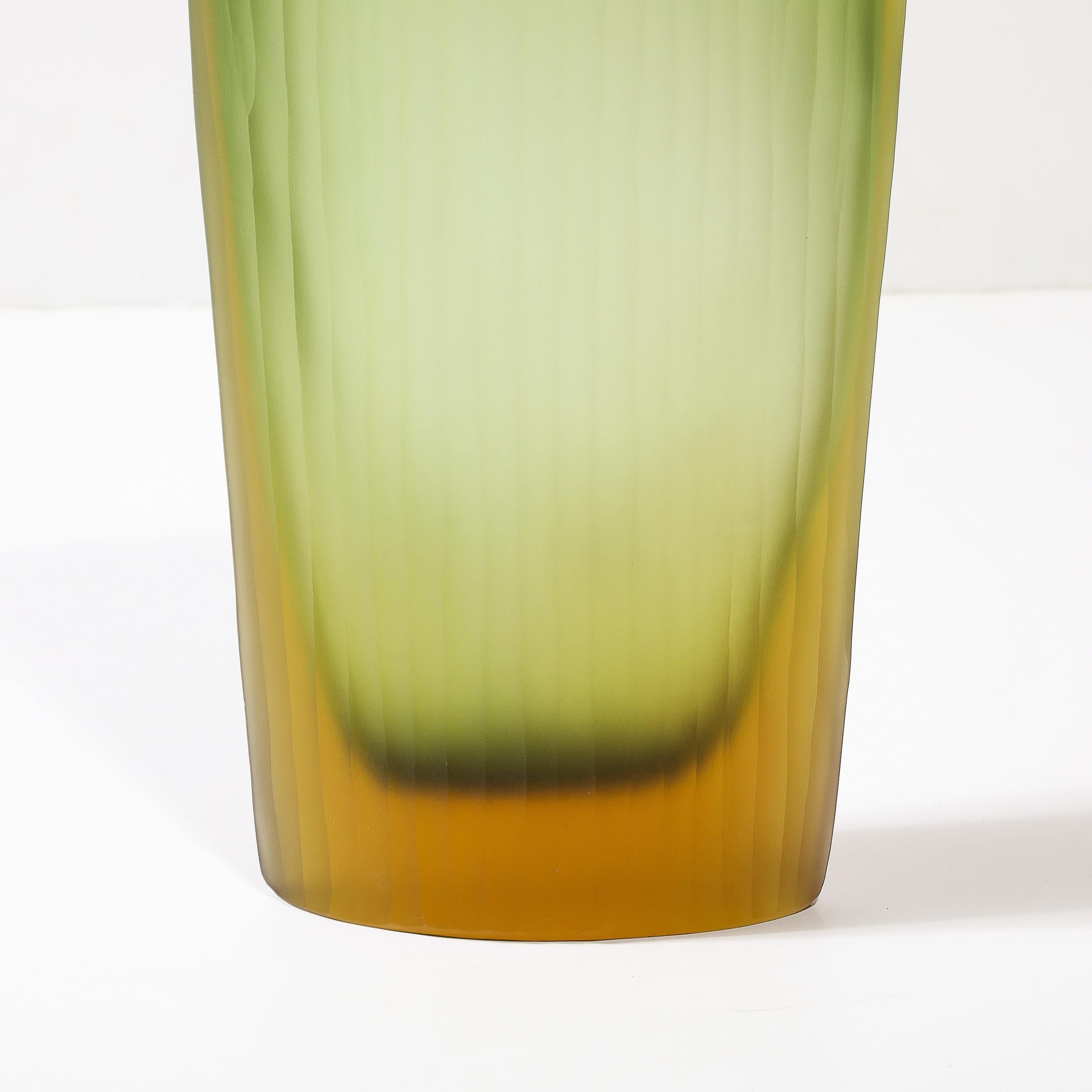Modernist Murano Fluted Moss Green & Amber Glass Vase signed Massimo Micheluzzi 4