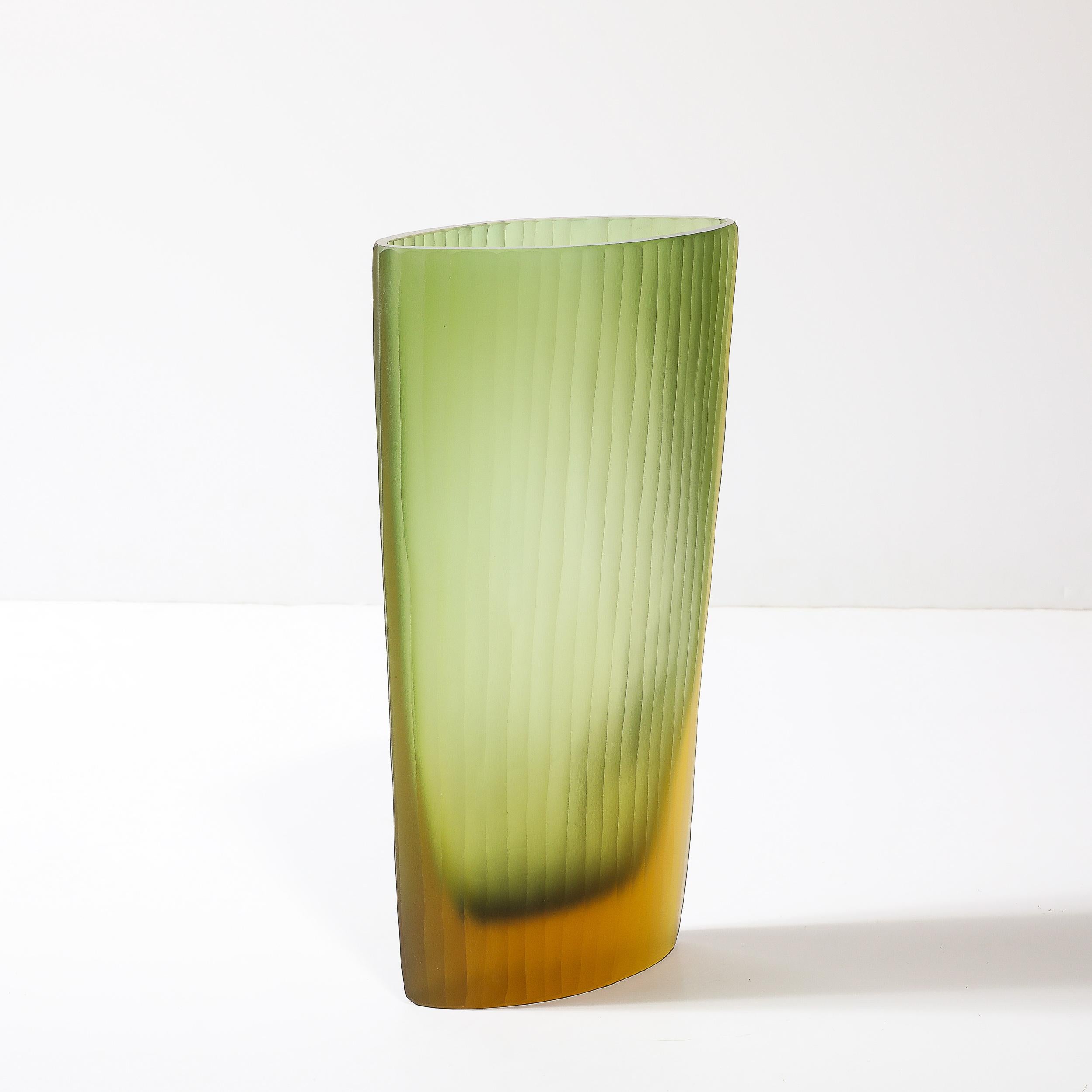 Modernist Murano Fluted Moss Green & Amber Glass Vase signed Massimo Micheluzzi 5