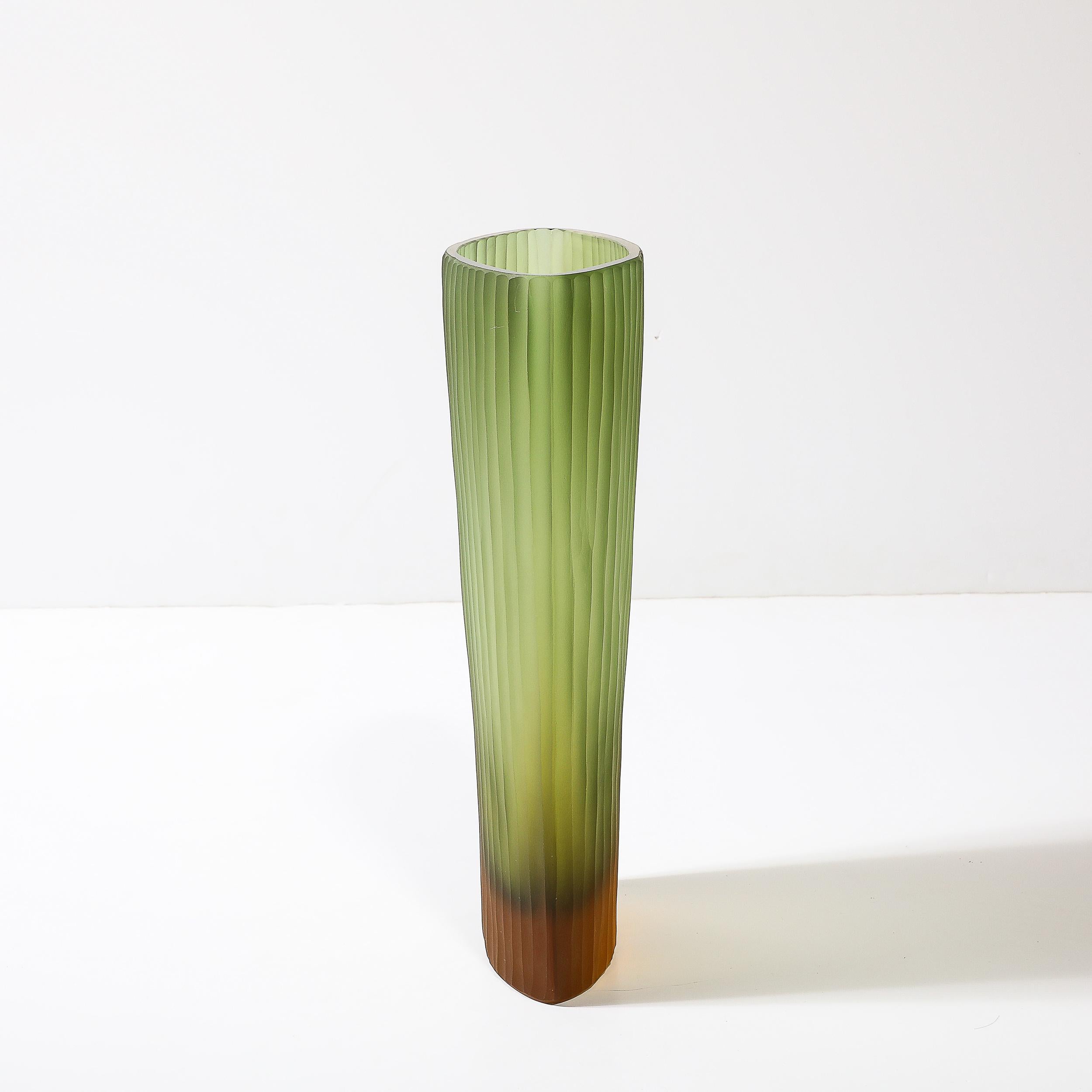 Modernist Murano Fluted Moss Green & Amber Glass Vase signed Massimo Micheluzzi 6