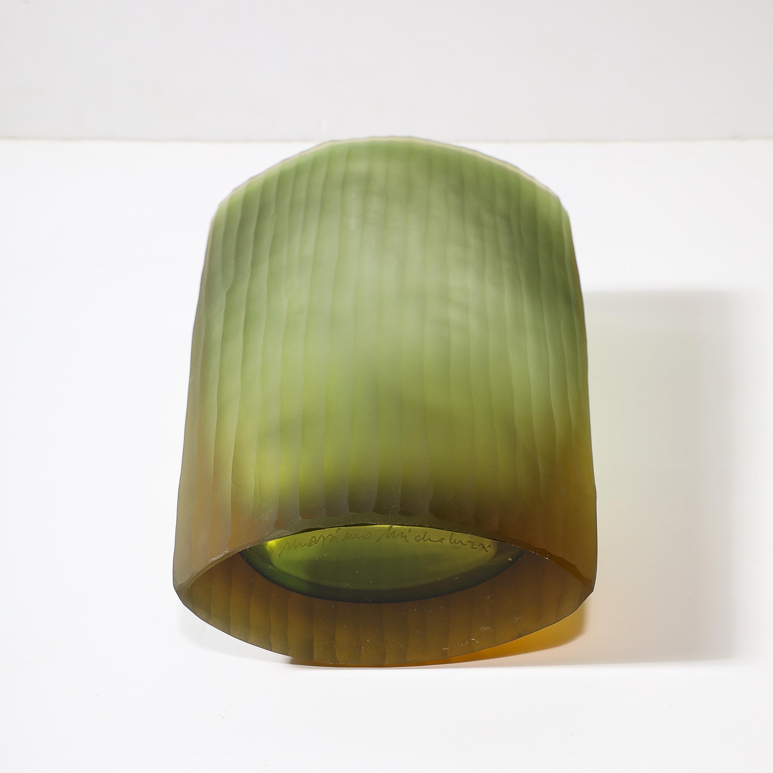 Modernist Murano Fluted Moss Green & Amber Glass Vase signed Massimo Micheluzzi 7