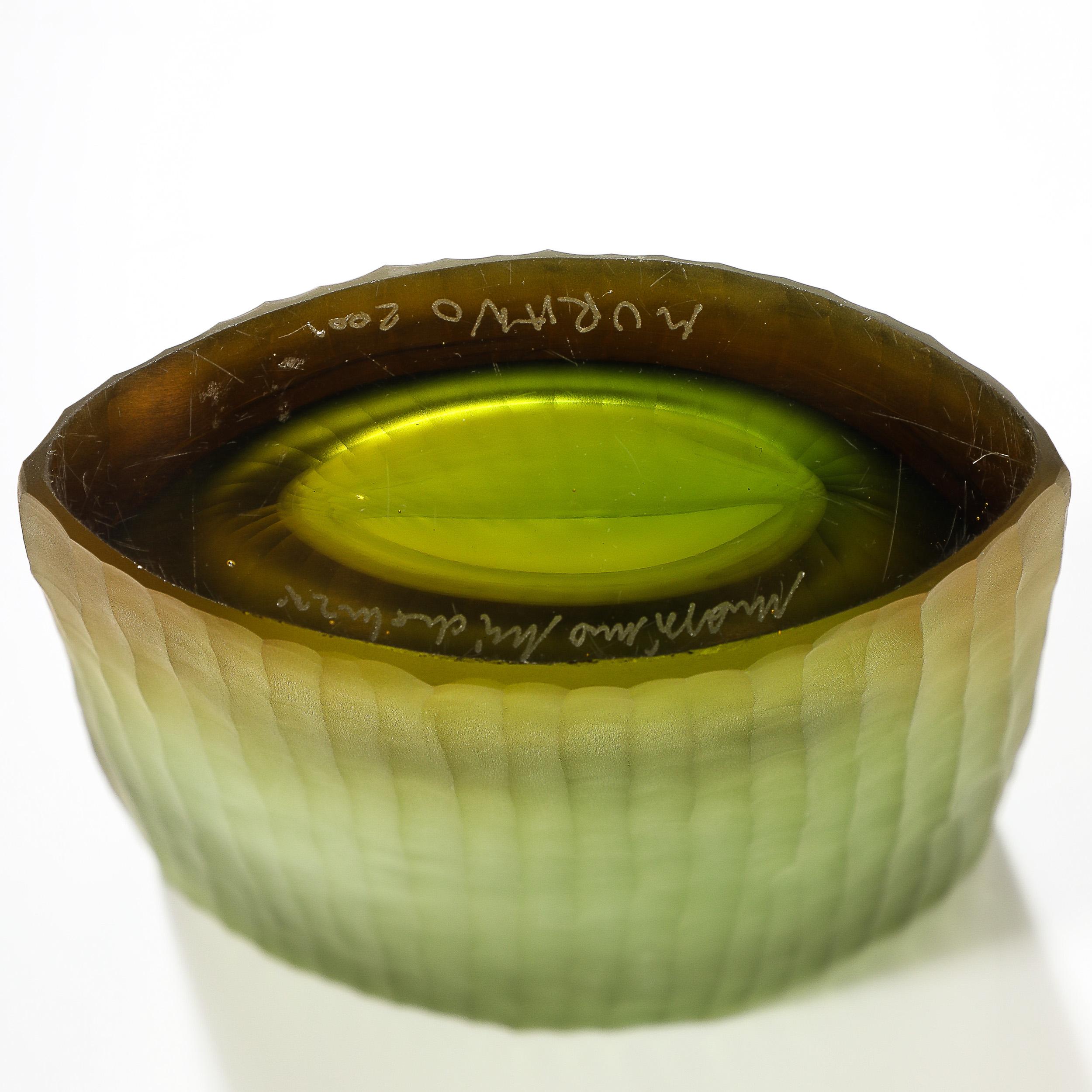 Modernist Murano Fluted Moss Green & Amber Glass Vase signed Massimo Micheluzzi 8