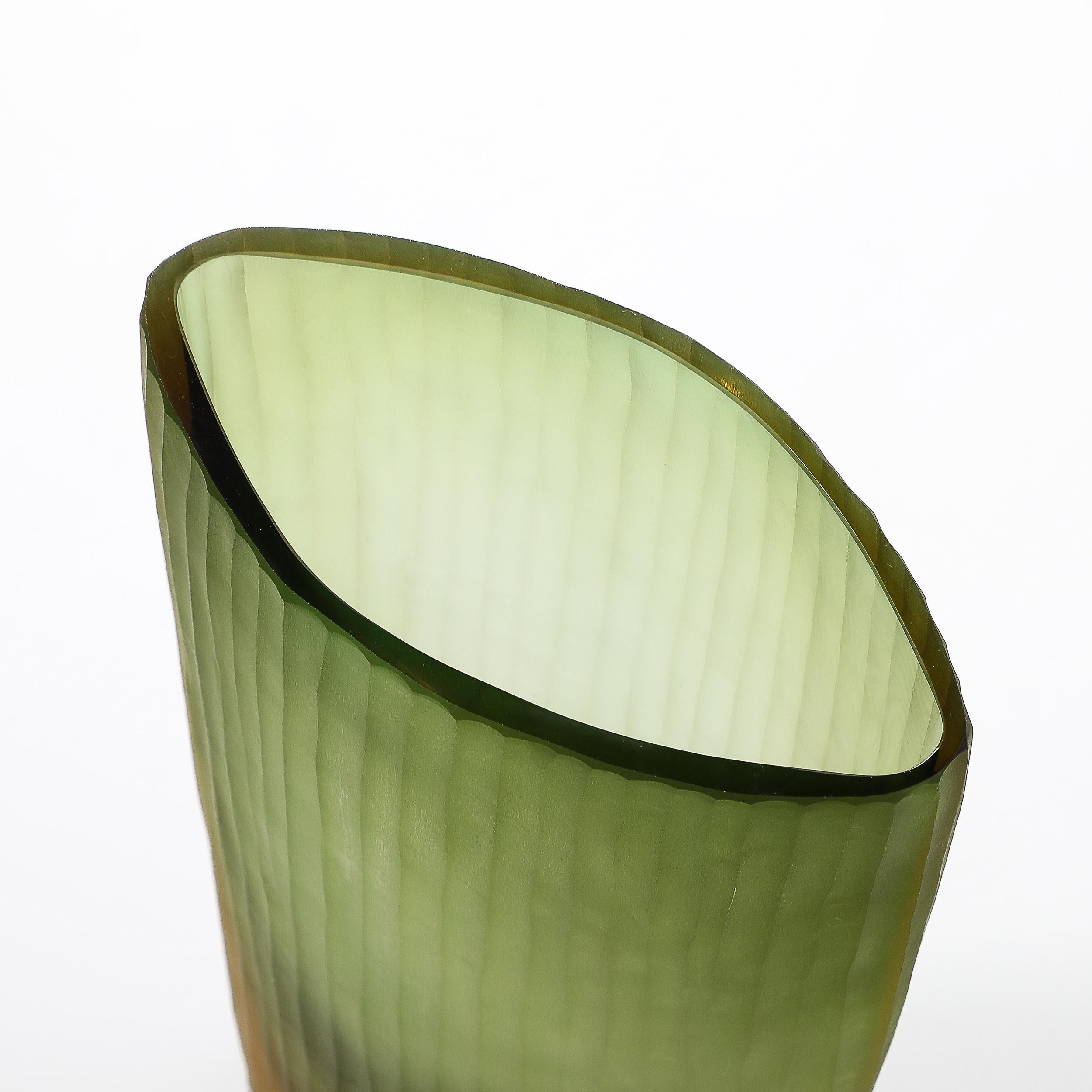 This striking Modernist Hand-Blown Murano Fluted Glass Vase in Moss & Amber signed Massimo Micheluzzi originates from Italy, C.2001. Features precise fluted detailing on the outer surface of the vase, formed in two distinct hues of hand-blown murano