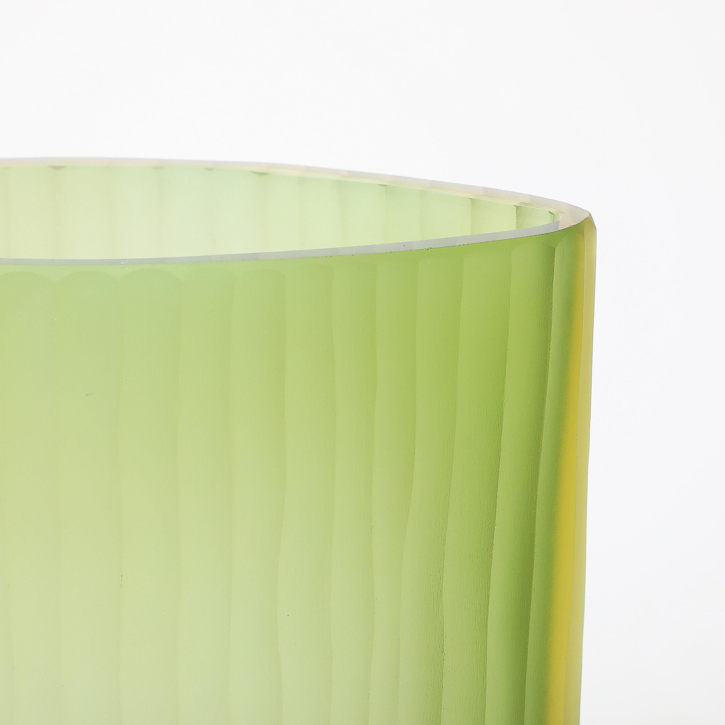 Italian Modernist Murano Fluted Moss Green & Amber Glass Vase signed Massimo Micheluzzi