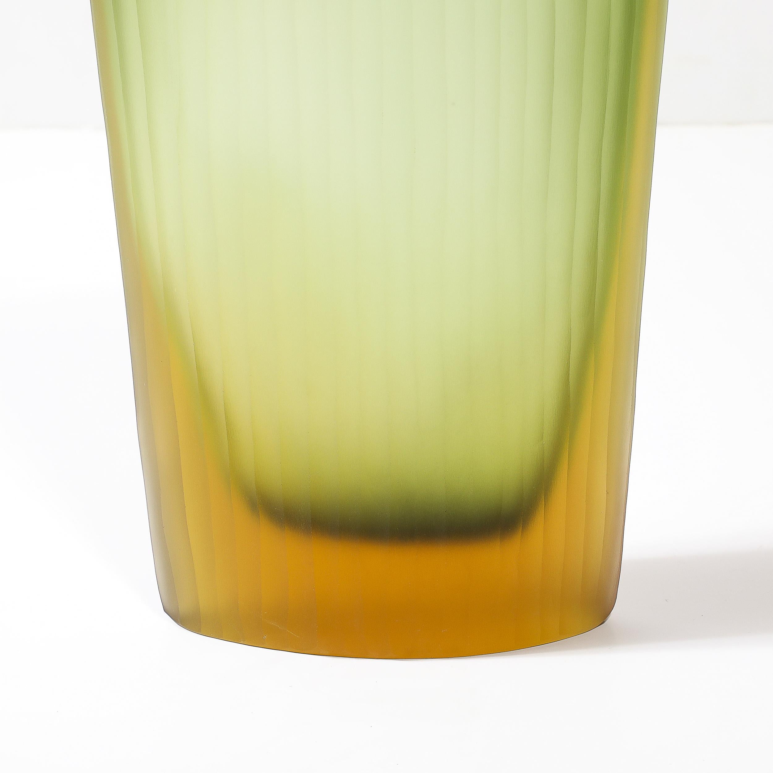 Modernist Murano Fluted Moss Green & Amber Glass Vase signed Massimo Micheluzzi In Excellent Condition In New York, NY