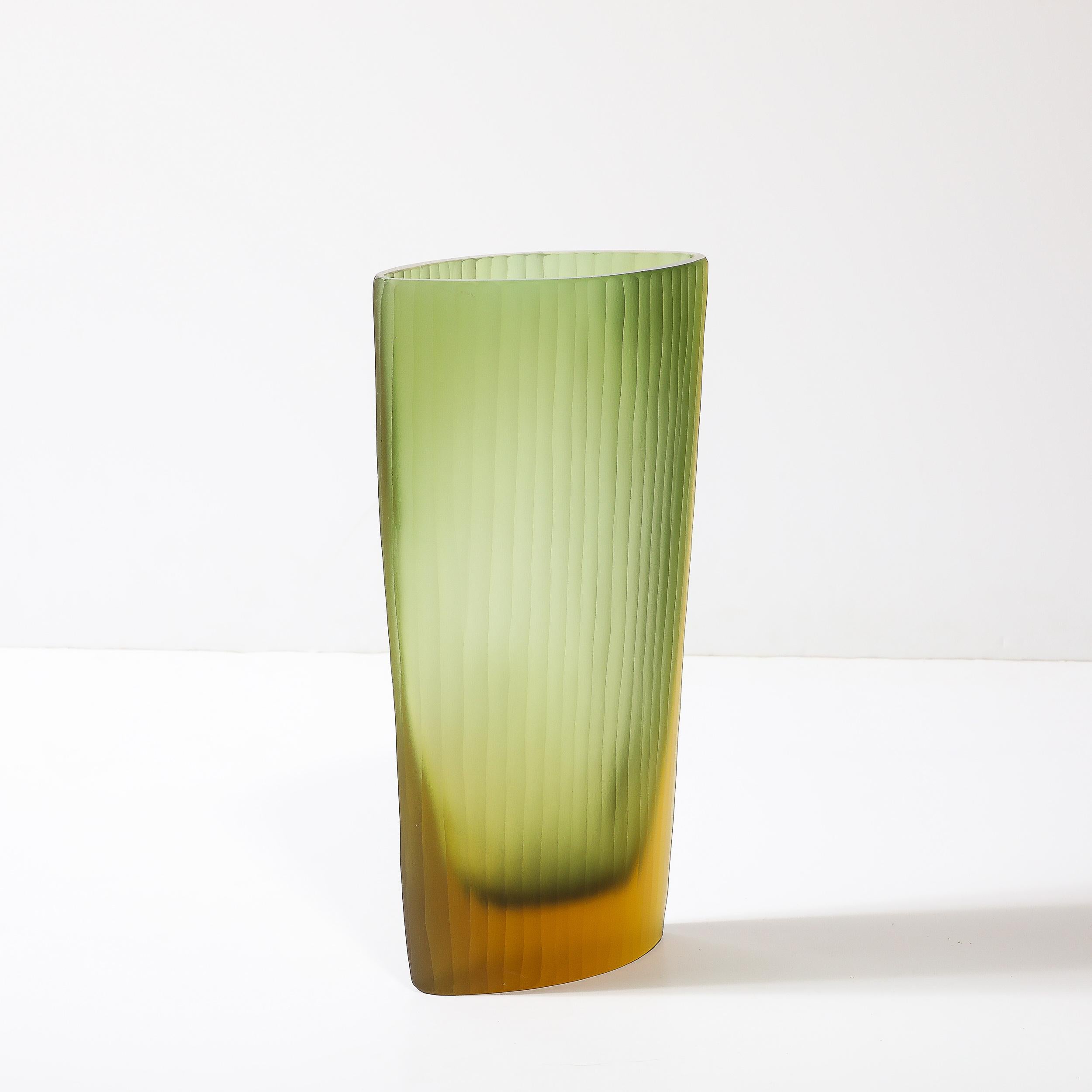 Contemporary Modernist Murano Fluted Moss Green & Amber Glass Vase signed Massimo Micheluzzi
