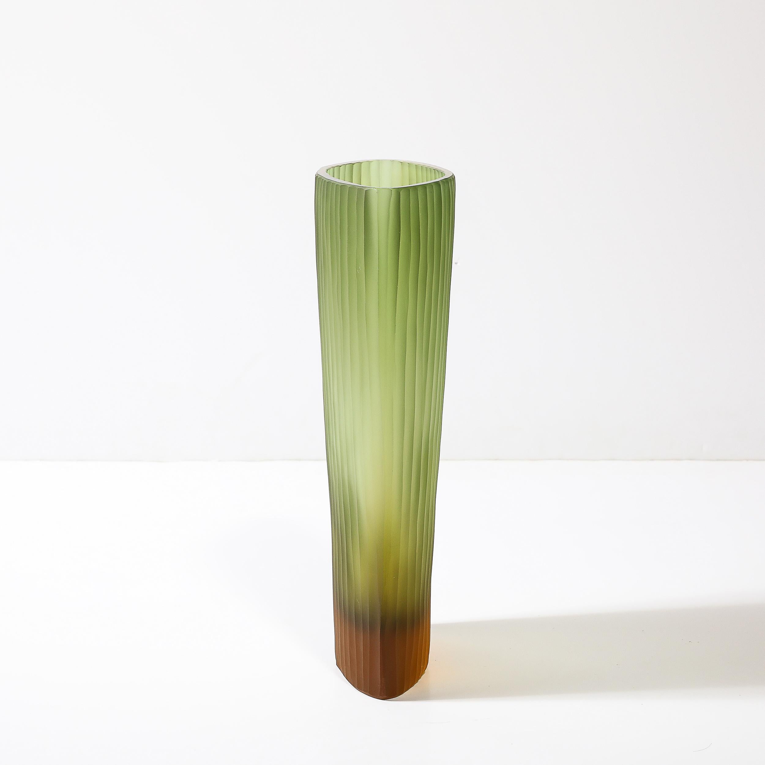 Murano Glass Modernist Murano Fluted Moss Green & Amber Glass Vase signed Massimo Micheluzzi