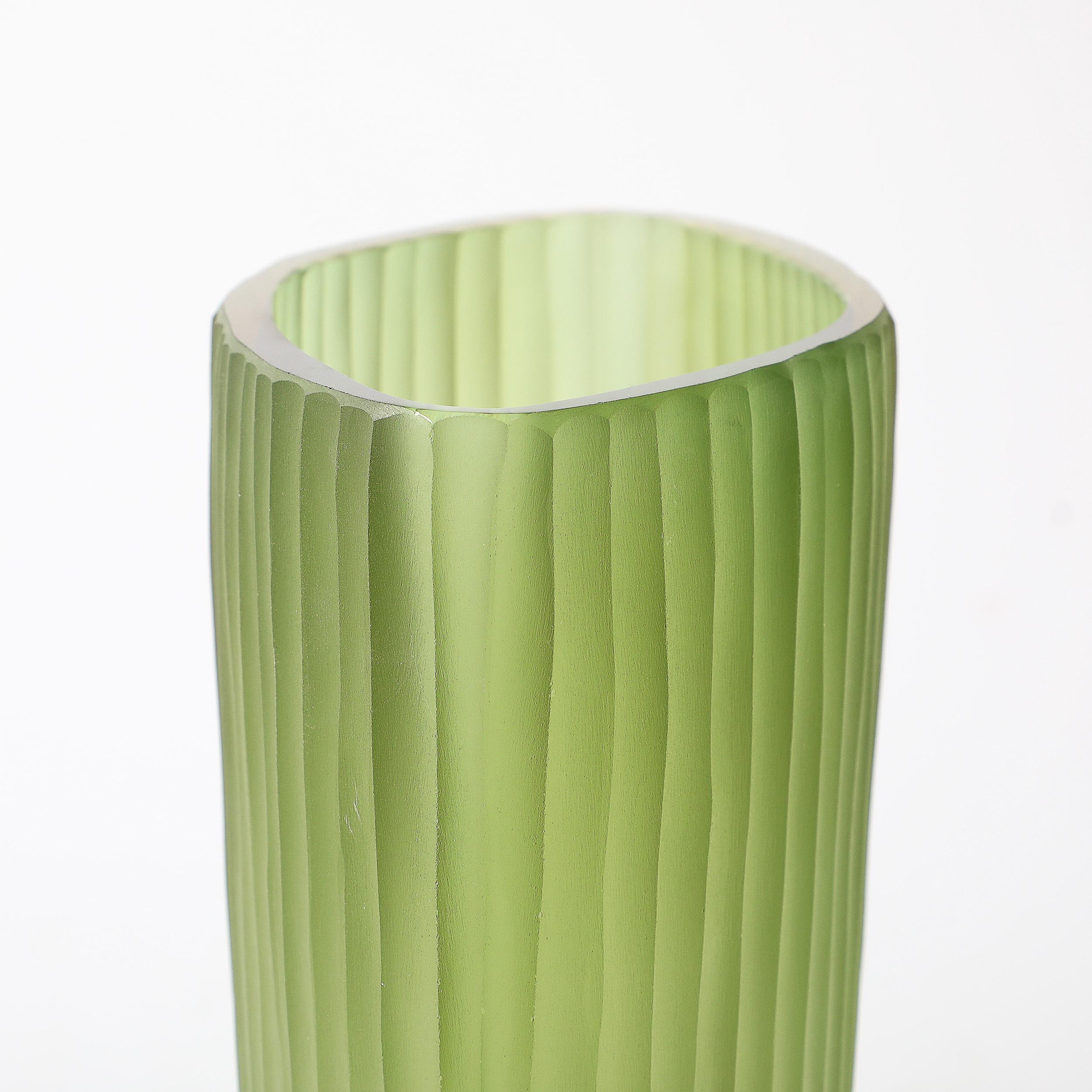 Modernist Murano Fluted Moss Green & Amber Glass Vase signed Massimo Micheluzzi 1