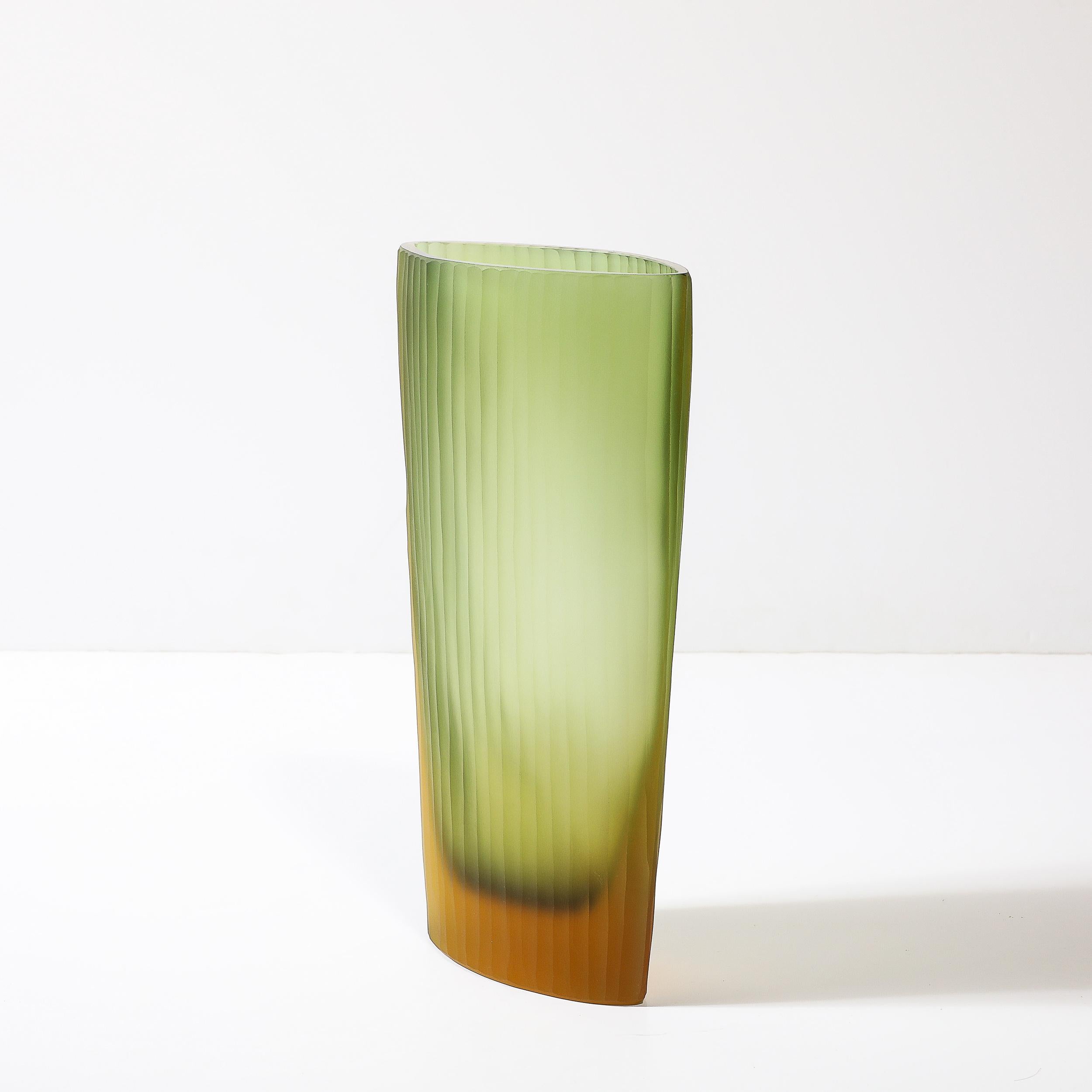 Modernist Murano Fluted Moss Green & Amber Glass Vase signed Massimo Micheluzzi 2