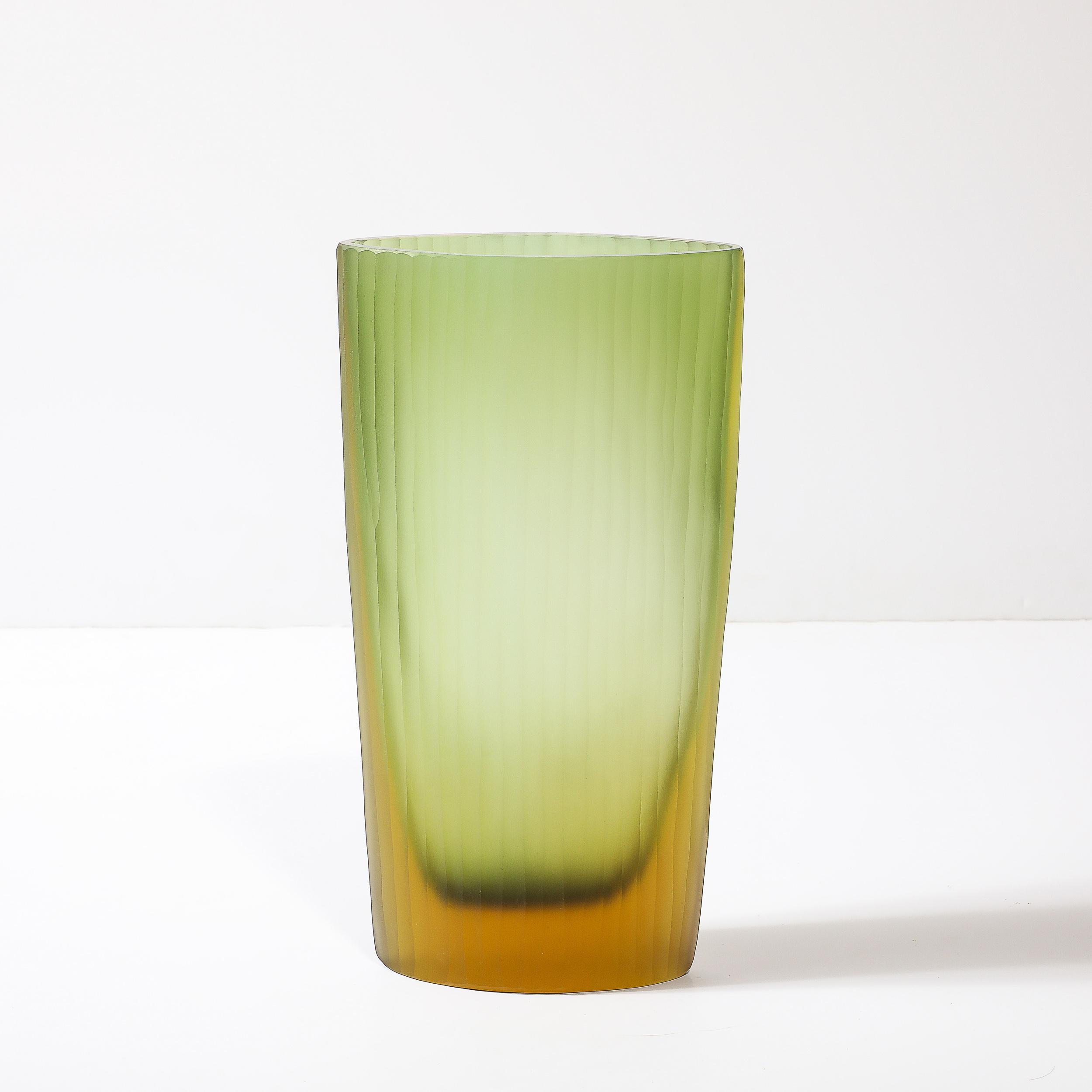 Modernist Murano Fluted Moss Green & Amber Glass Vase signed Massimo Micheluzzi 3