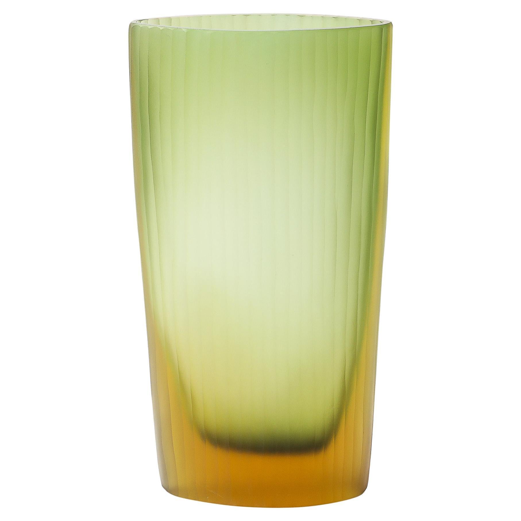 Modernist Murano Fluted Moss Green & Amber Glass Vase signed Massimo Micheluzzi