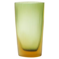 Modernist Murano Fluted Moss Green & Amber Glass Vase signed Massimo Micheluzzi