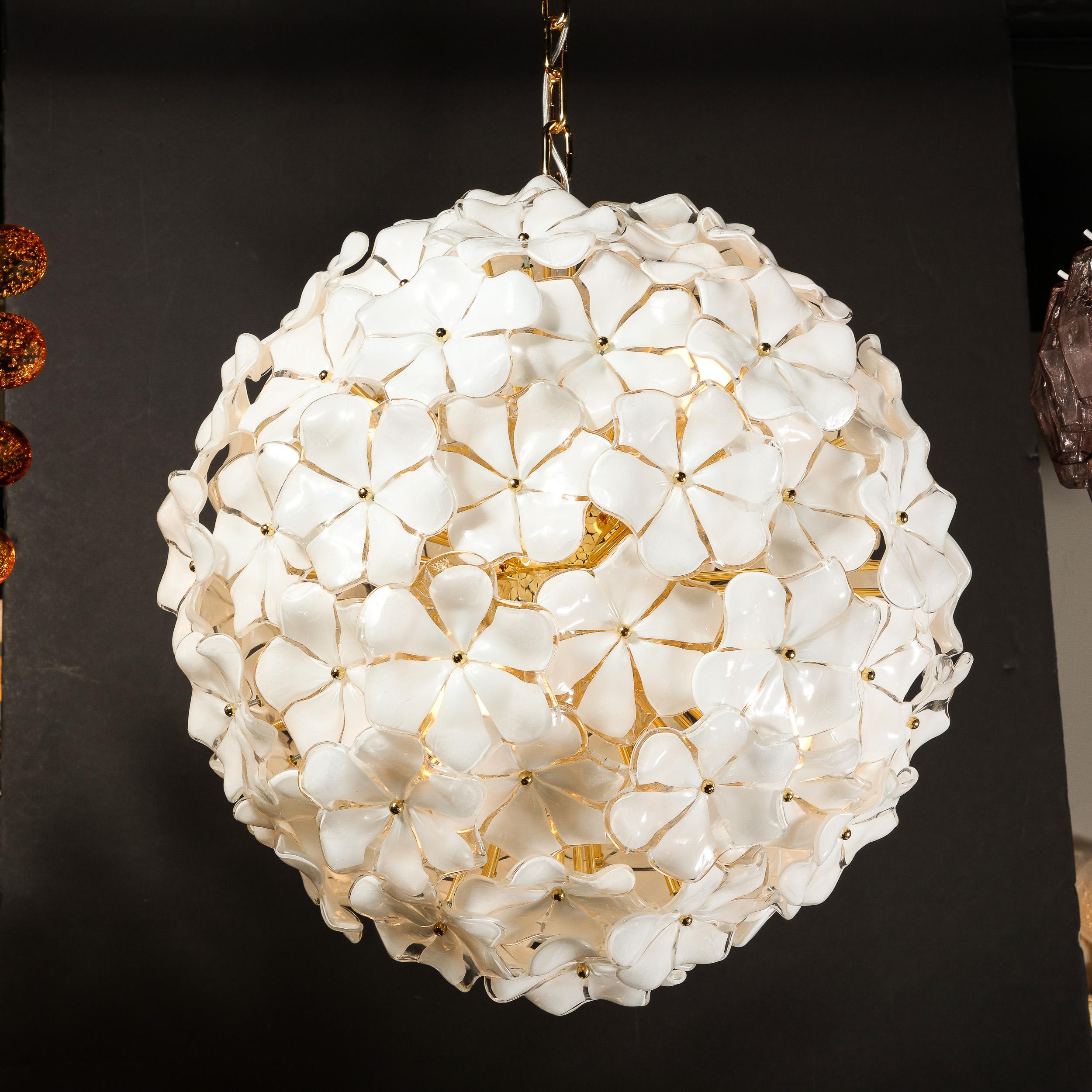 Modernist Murano Glass Floral Sputnik Chandelier in White Glass & Brass Fittings For Sale 6