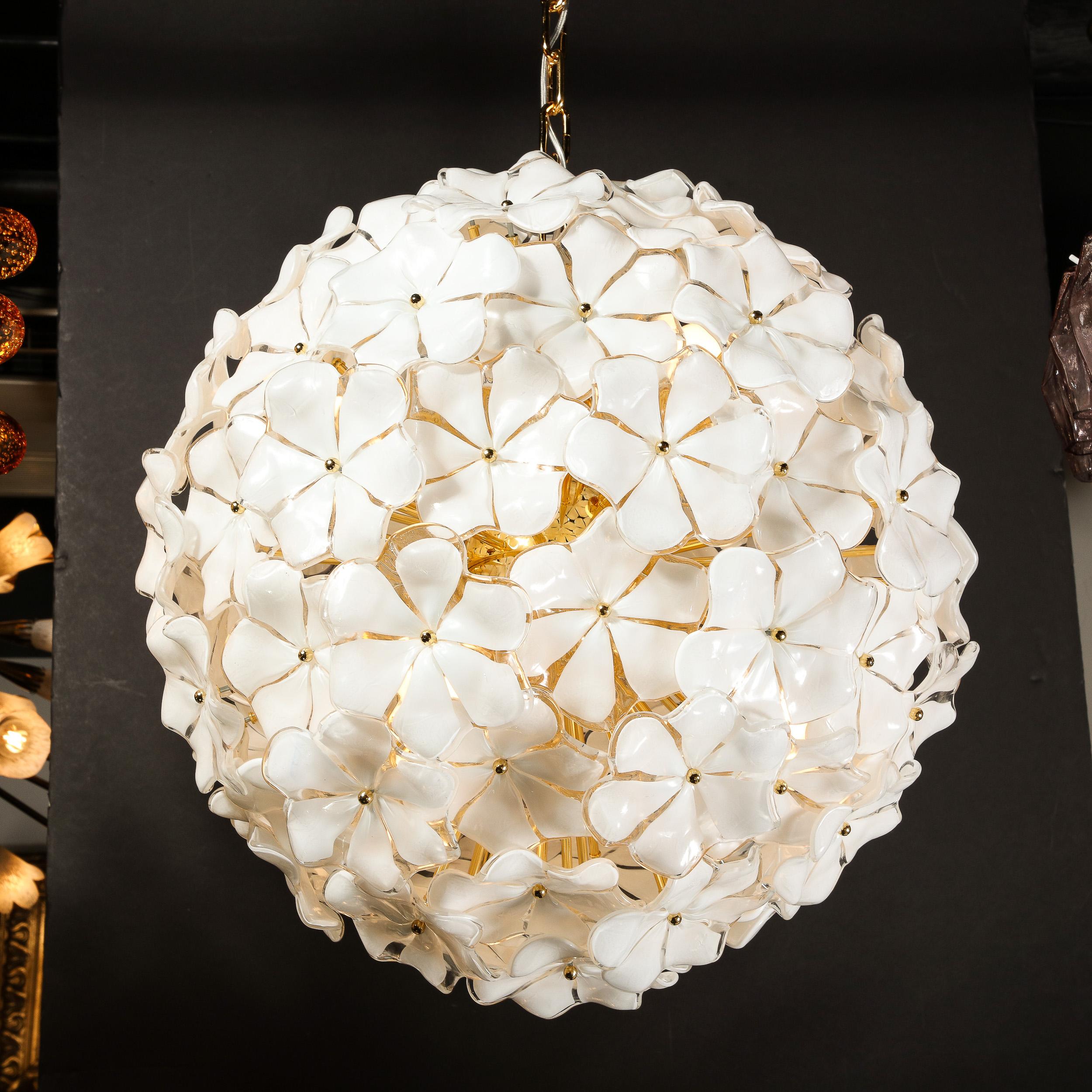 Modernist Murano Glass Floral Sputnik Chandelier in White Glass & Brass Fittings For Sale 7