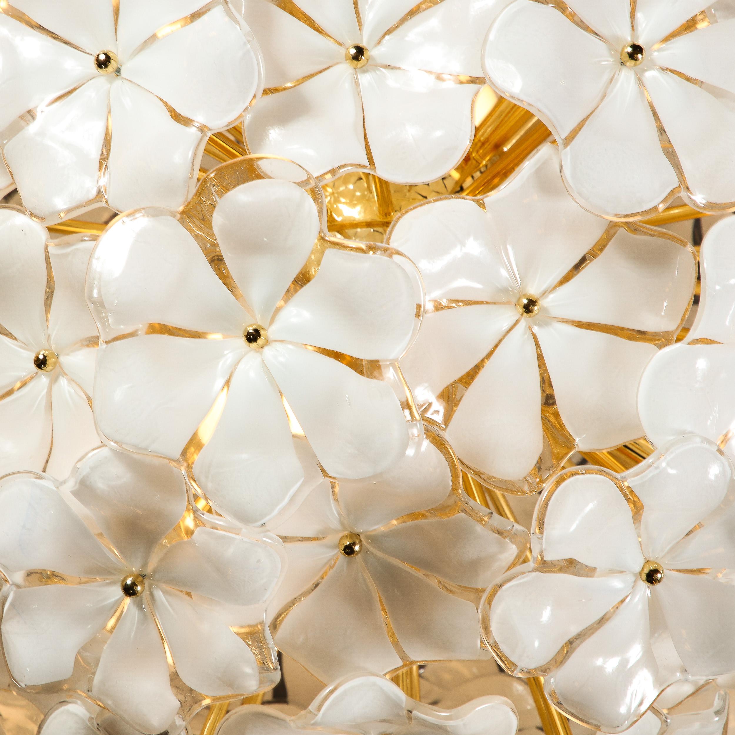 Modernist Murano Glass Floral Sputnik Chandelier in White Glass & Brass Fittings For Sale 8
