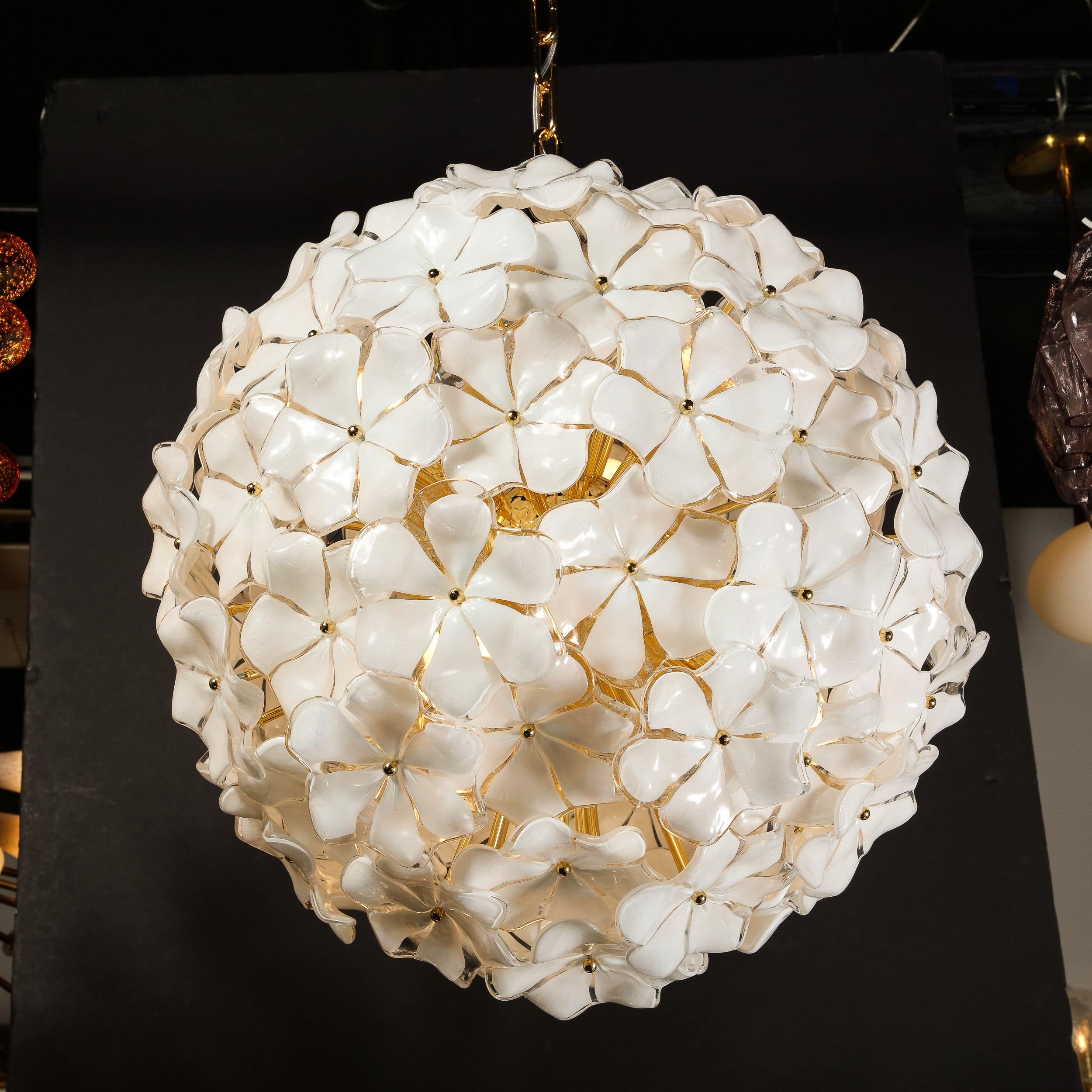 Modernist Murano Glass Floral Sputnik Chandelier in White Glass & Brass Fittings For Sale 10