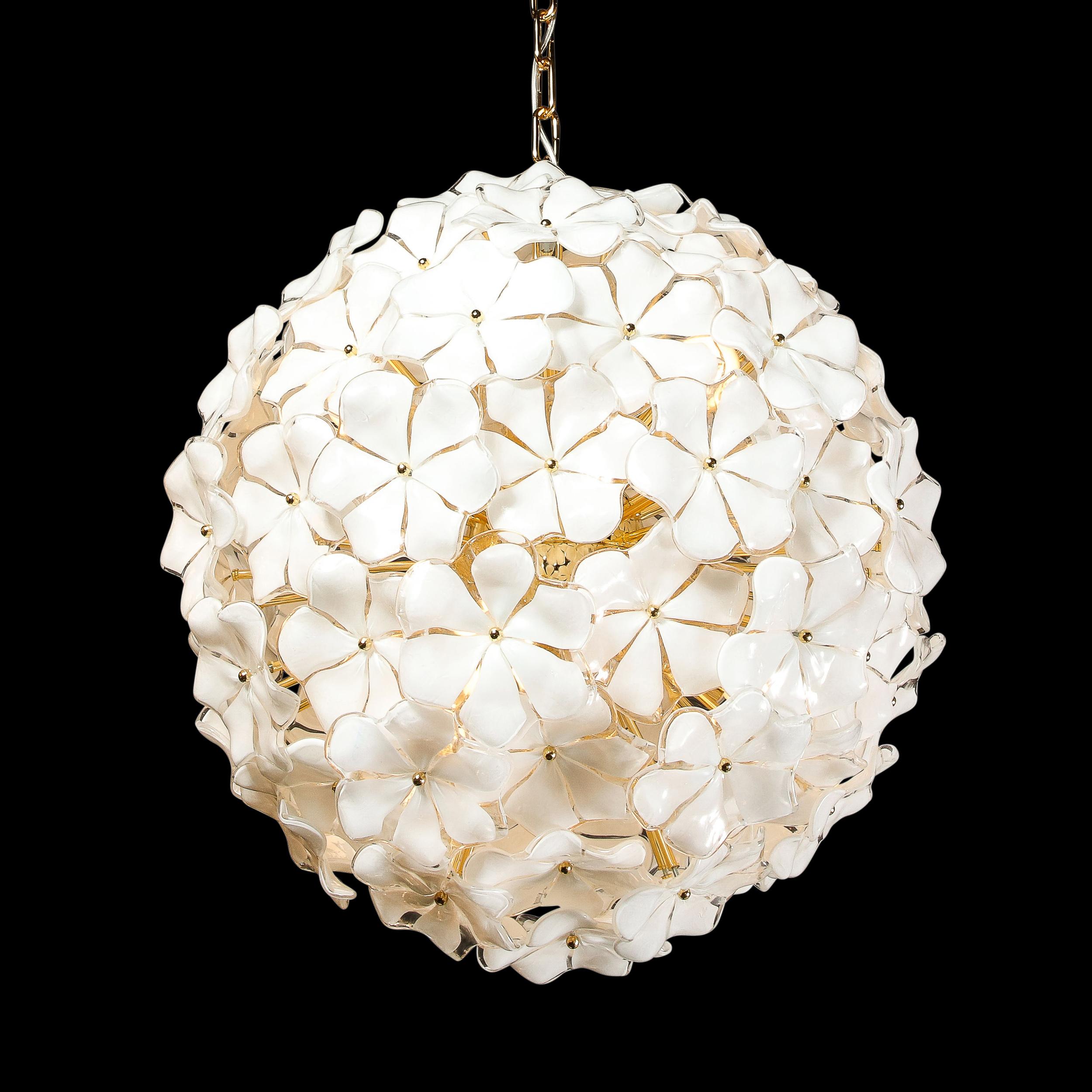 Italian Modernist Murano Glass Floral Sputnik Chandelier in White Glass & Brass Fittings For Sale
