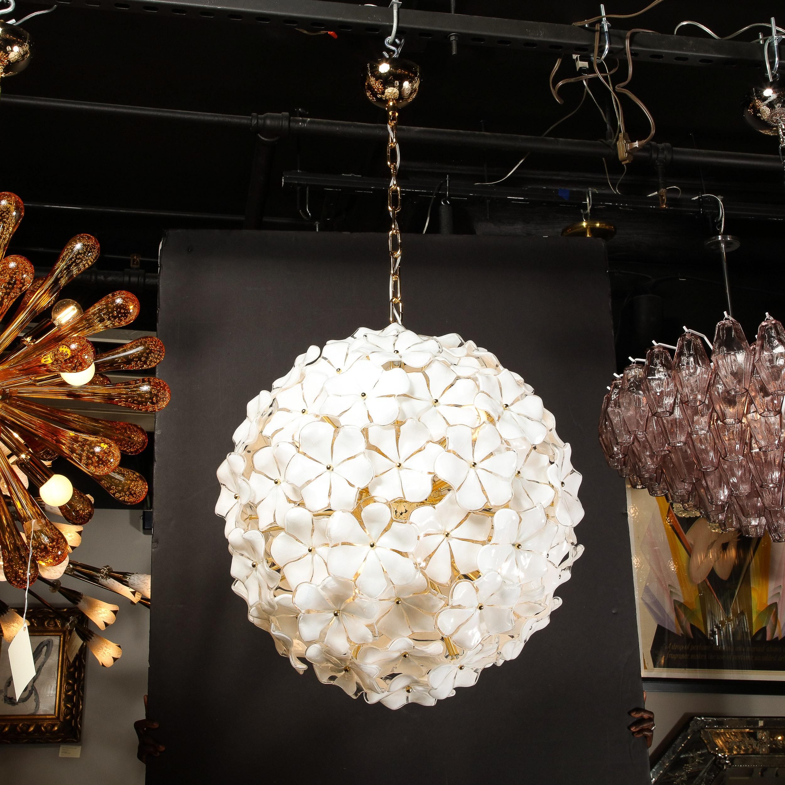 Contemporary Modernist Murano Glass Floral Sputnik Chandelier in White Glass & Brass Fittings For Sale