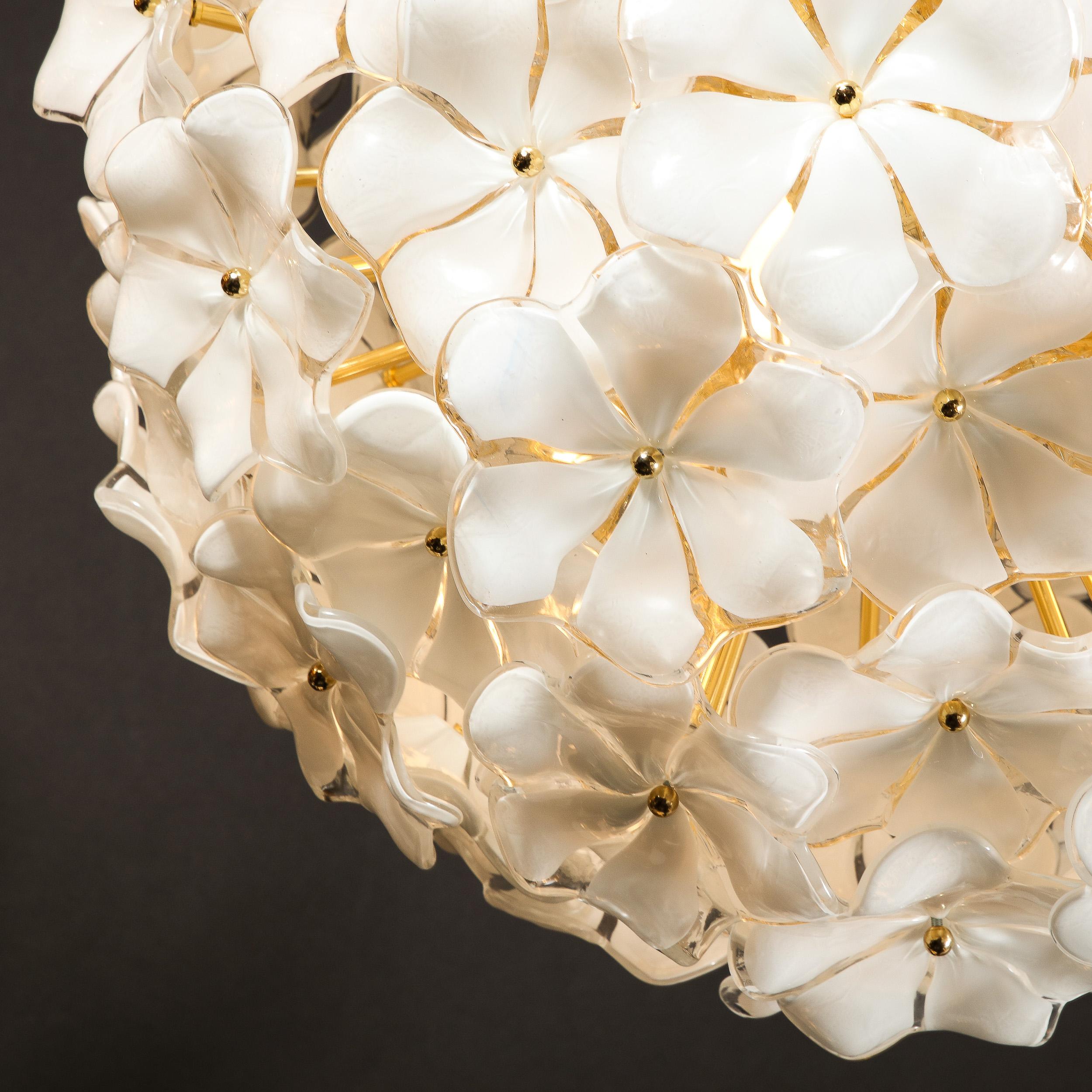 Modernist Murano Glass Floral Sputnik Chandelier in White Glass & Brass Fittings For Sale 3