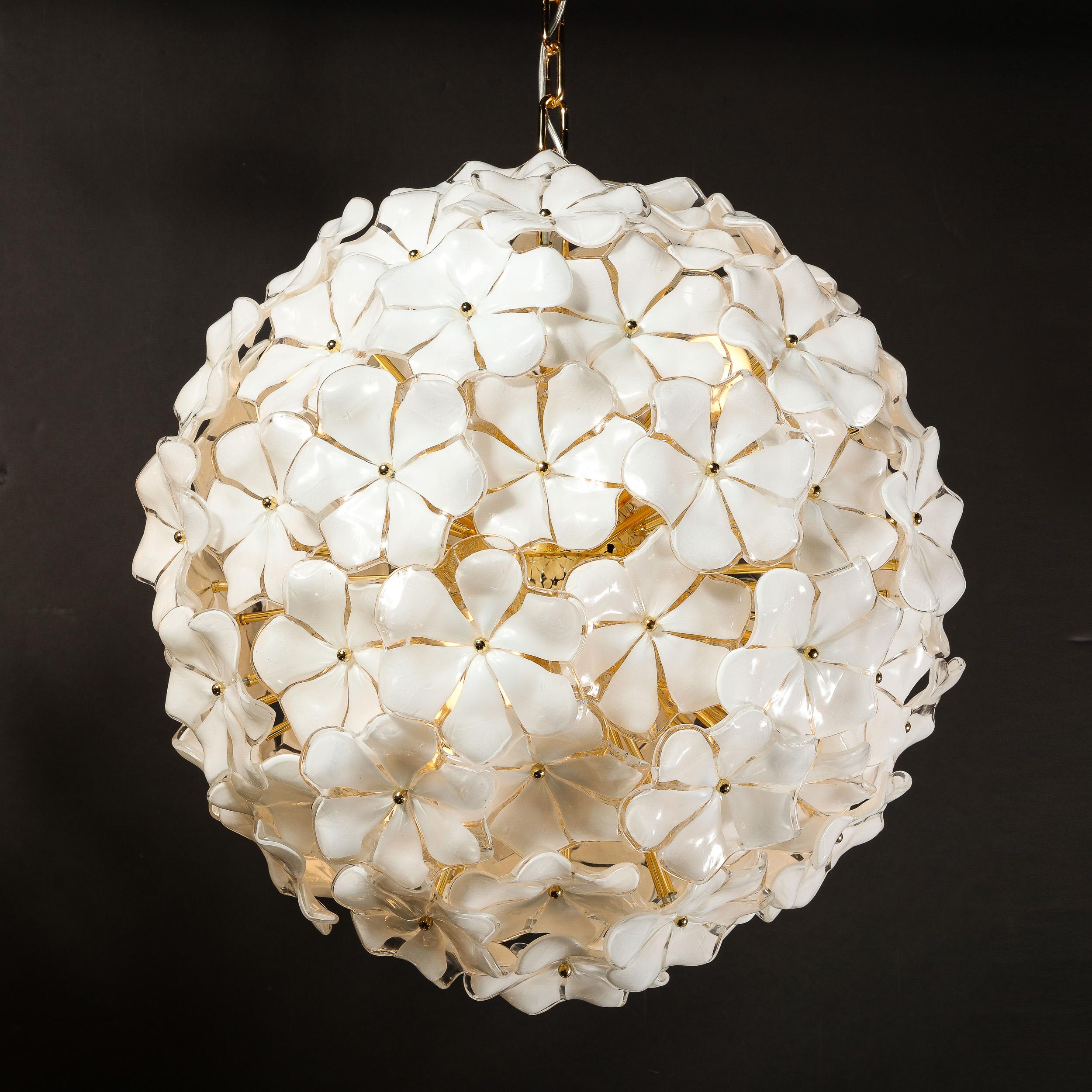 Modernist Murano Glass Floral Sputnik Chandelier in White Glass & Brass Fittings For Sale 4