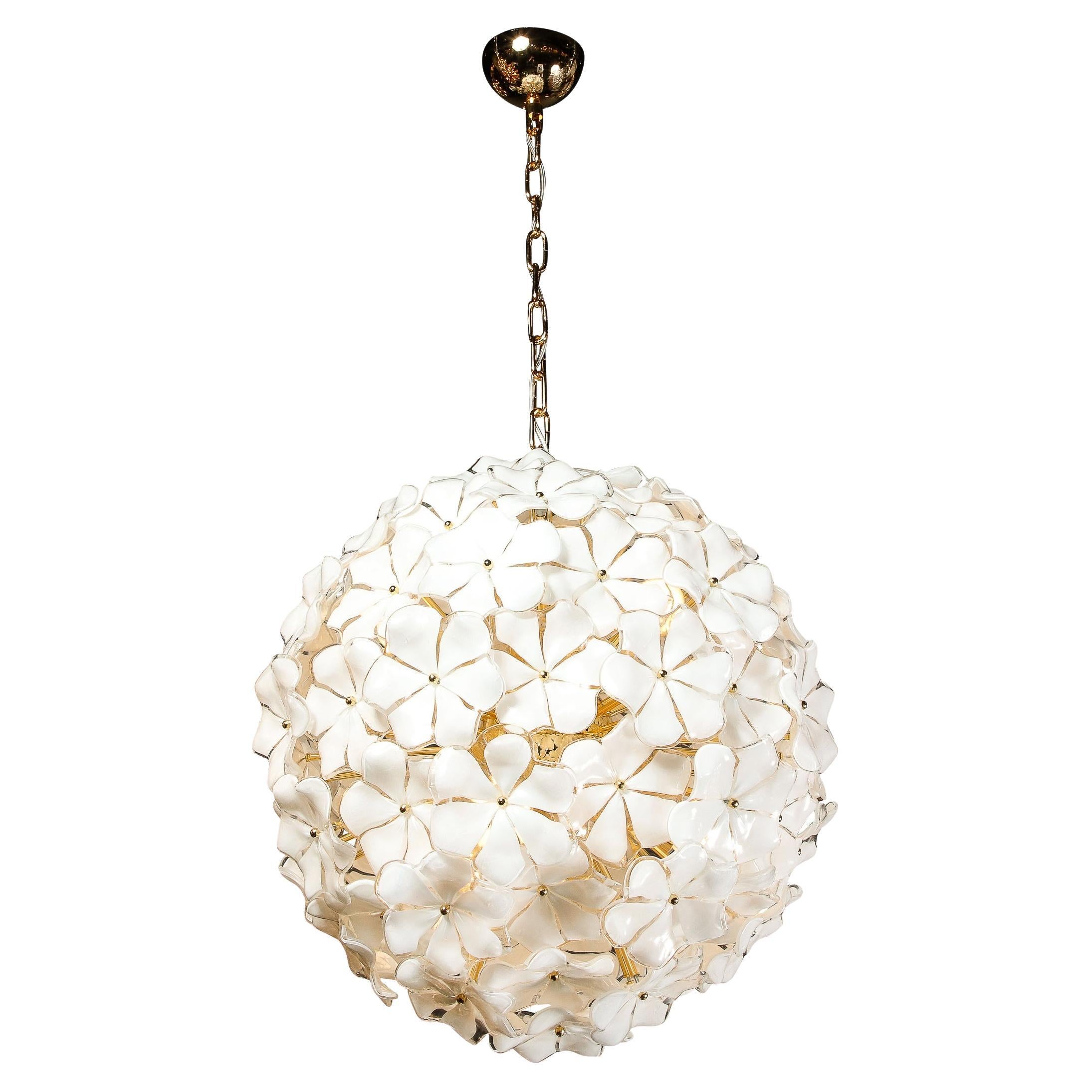 Modernist Murano Glass Floral Sputnik Chandelier in White Glass & Brass Fittings For Sale