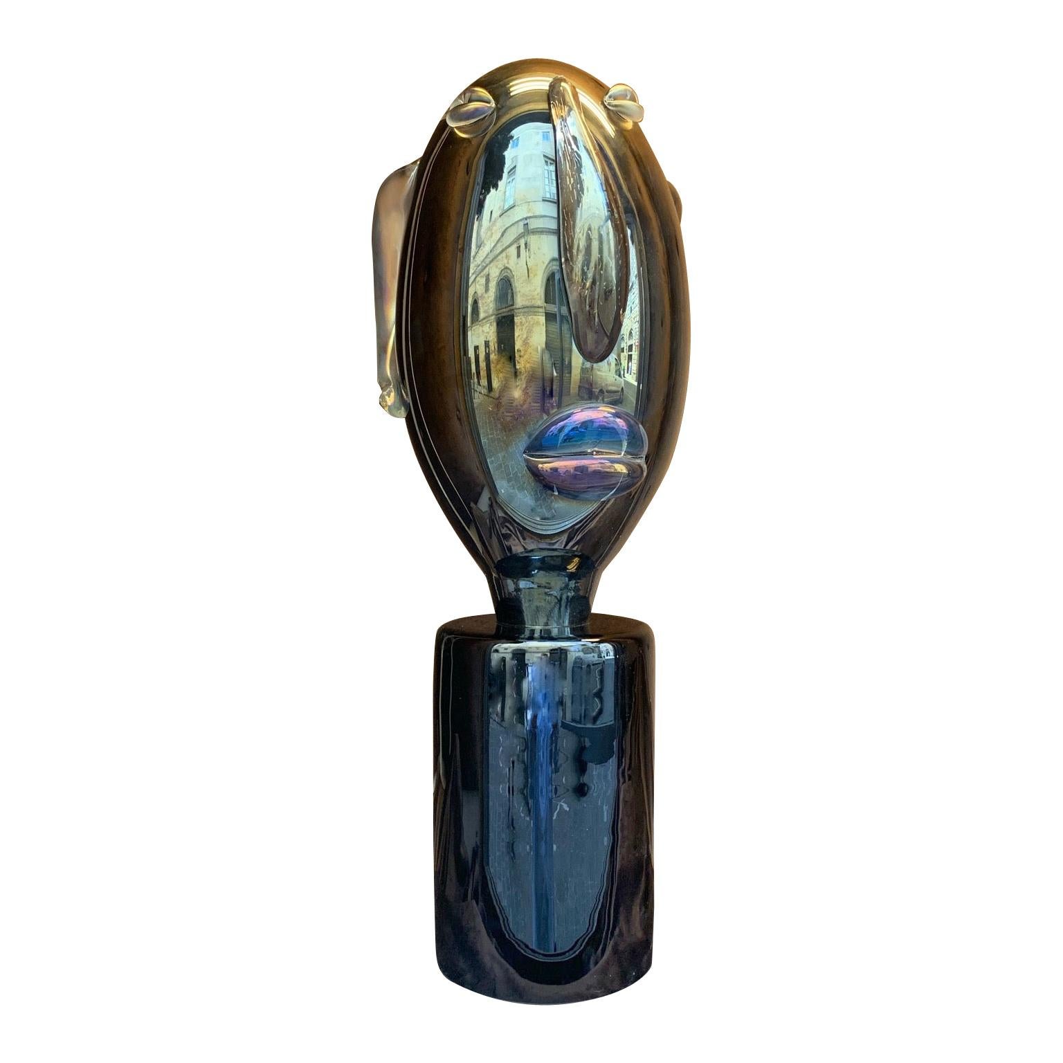 Modernist Murano Glass Sculpture Head Shaped Picasso Style on Glass Base, 1980