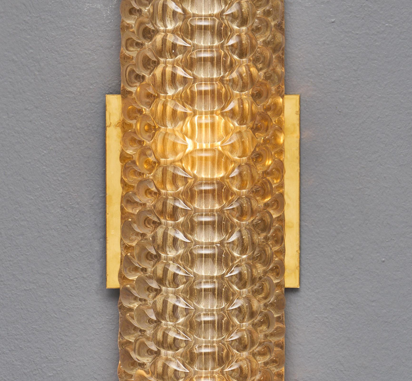 Brass Modernist Murano Glass Textured Sconces For Sale
