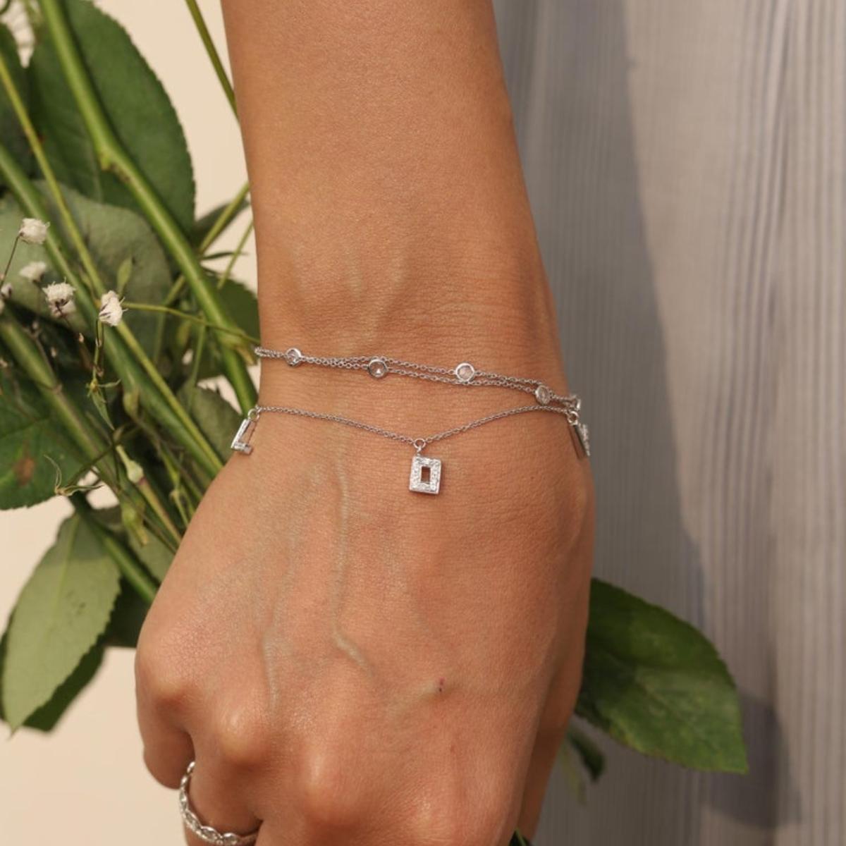 Modernist Natural Diamond Love Charm Bracelet in 18K White Gold Gift for Her For Sale 1