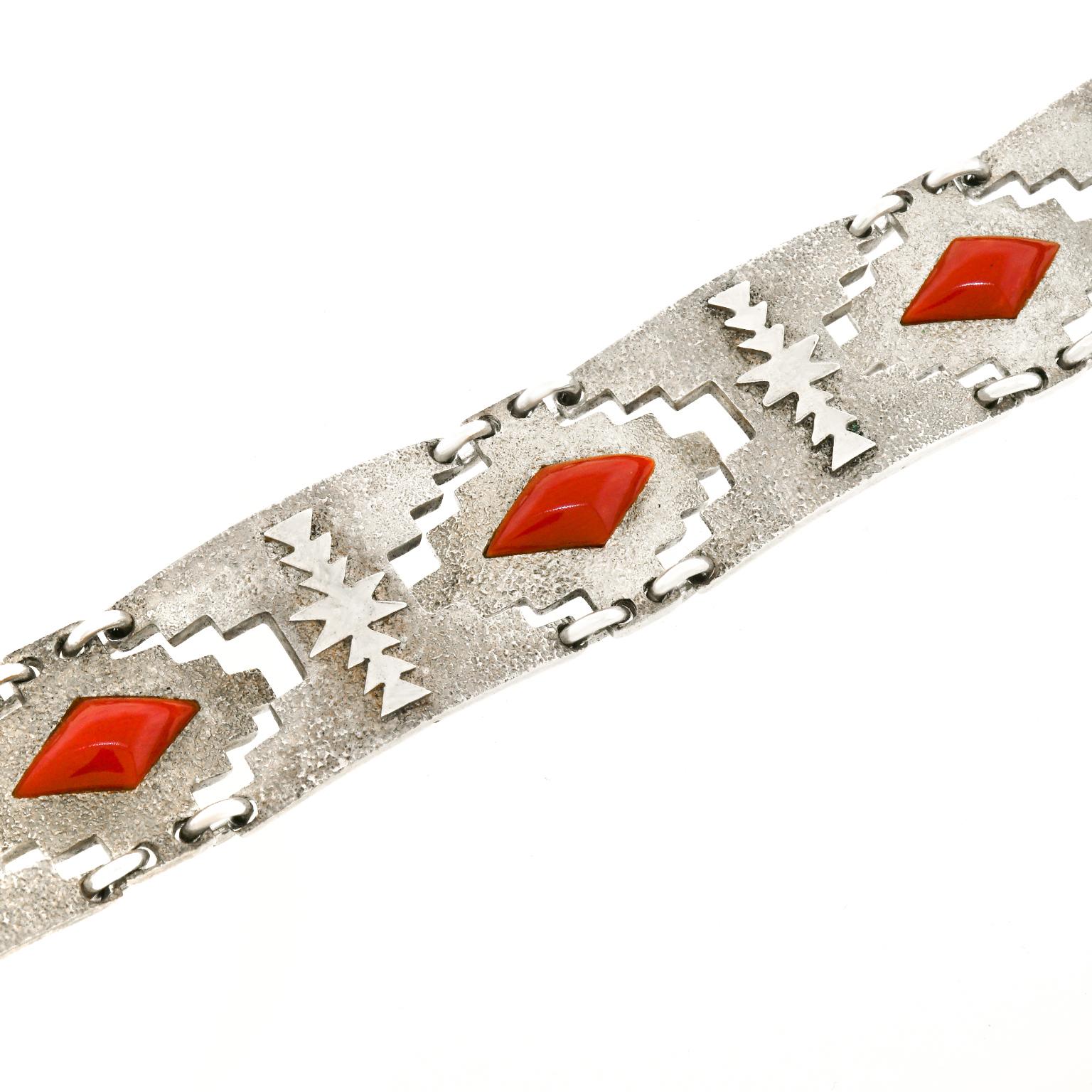 Women's or Men's Modernist Navajo Coral and Sterling Bracelet by Harvey Begay